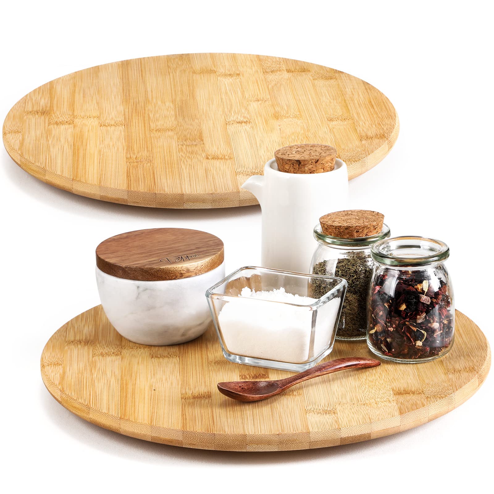 2 Pack 12-Inch Bamboo Lazy Susan Turntable - Non-Slip Spinning Organizer for Kitchen, Pantry, Cabinet & Closet Storage - Large Base Anti-Roll Design - Perfect for Spices, Condiments & Home Organization