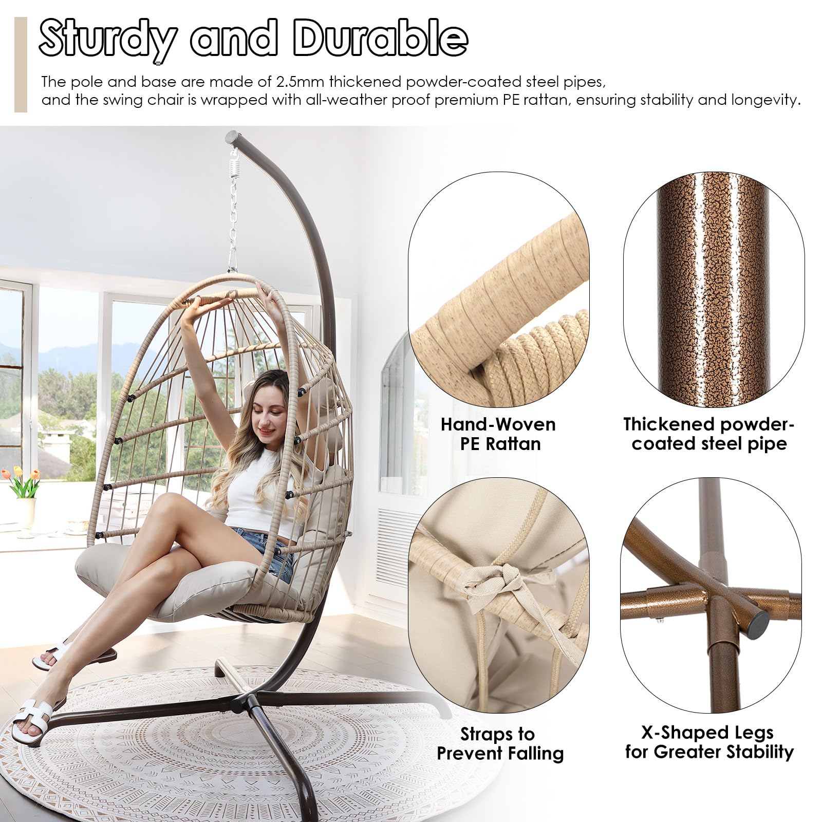 Premium Hanging Egg Chair with Stand - Outdoor Swinging Chair with Water-Resistant Cushions, PE Rattan Wicker Design, Foldable Basket for Patio, Garden, Bedroom & Indoor Use - 350lbs Weight Capacity (Beige) - Perfect for Relaxing, Reading & Lounging in Your Backyard, Balcony or Living Space