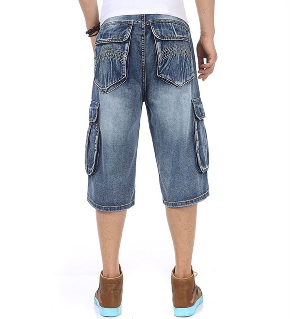 QBO Men's Light Denim Cargo Shorts - Vintage Style Stretch Jeans with Pockets | Casual Summer Wear, Outdoor Activities & Street Fashion