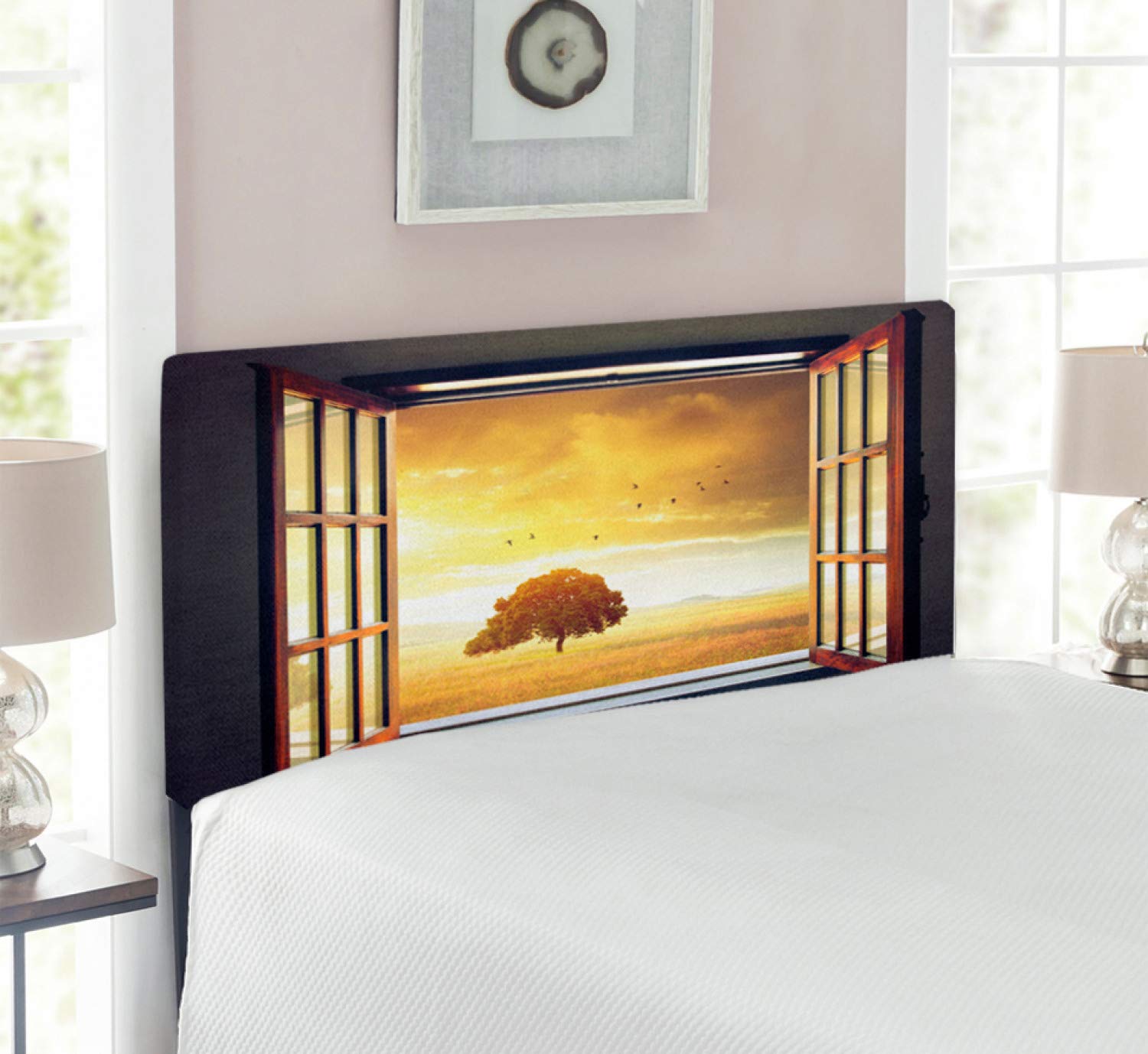 Ambesonne Spring Upholstered Headboard - Twin Size Grey Marigold Brown, Decorative Metal Bed Frame with Memory Foam, Countryside Landscape Design Featuring Sunny Spring Birds - Perfect for Bedroom Decor & Cozy Reading Nook