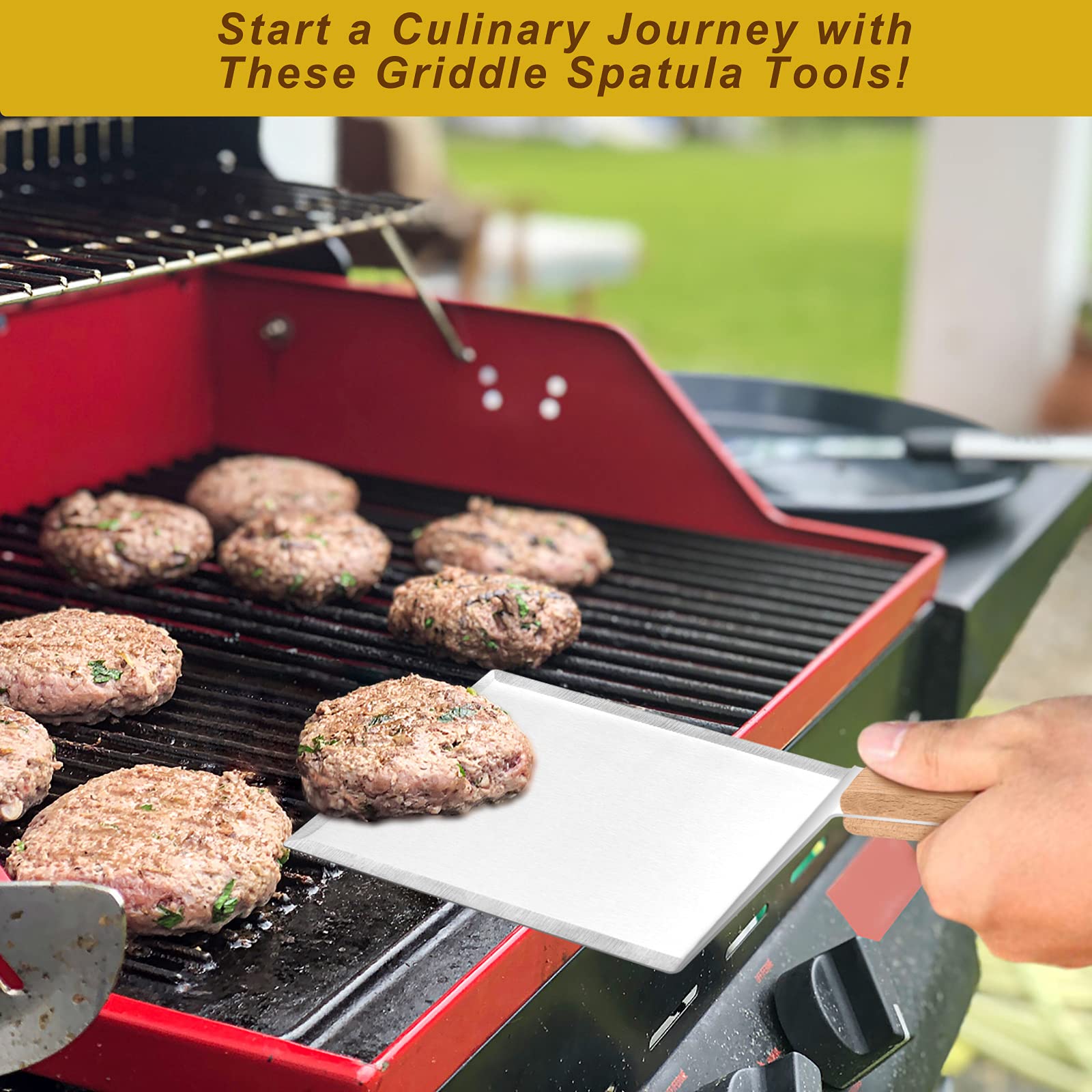 HaSteeL Professional 2-Piece Wooden & Metal Spatula Set - Large Griddle Turner, Hamburger Flipper & Pancake Spatula for Teppanyaki, BBQ, Flat Top Grilling - Perfect for Indoor & Outdoor Kitchen Cooking (Grill, Camping, Backyard Parties)
