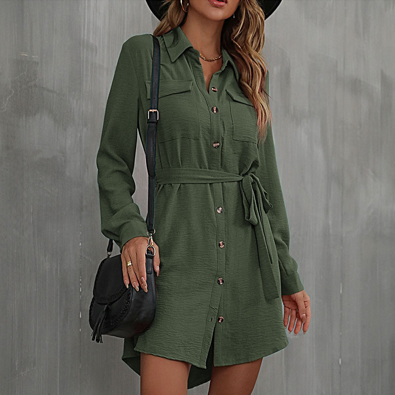 LOVEVOP Women's Cardigan Shirt Dress with Lapel & Lace Up - Stylish Fall 2025 Commuter Outfit for Work, Travel & Casual Wear
