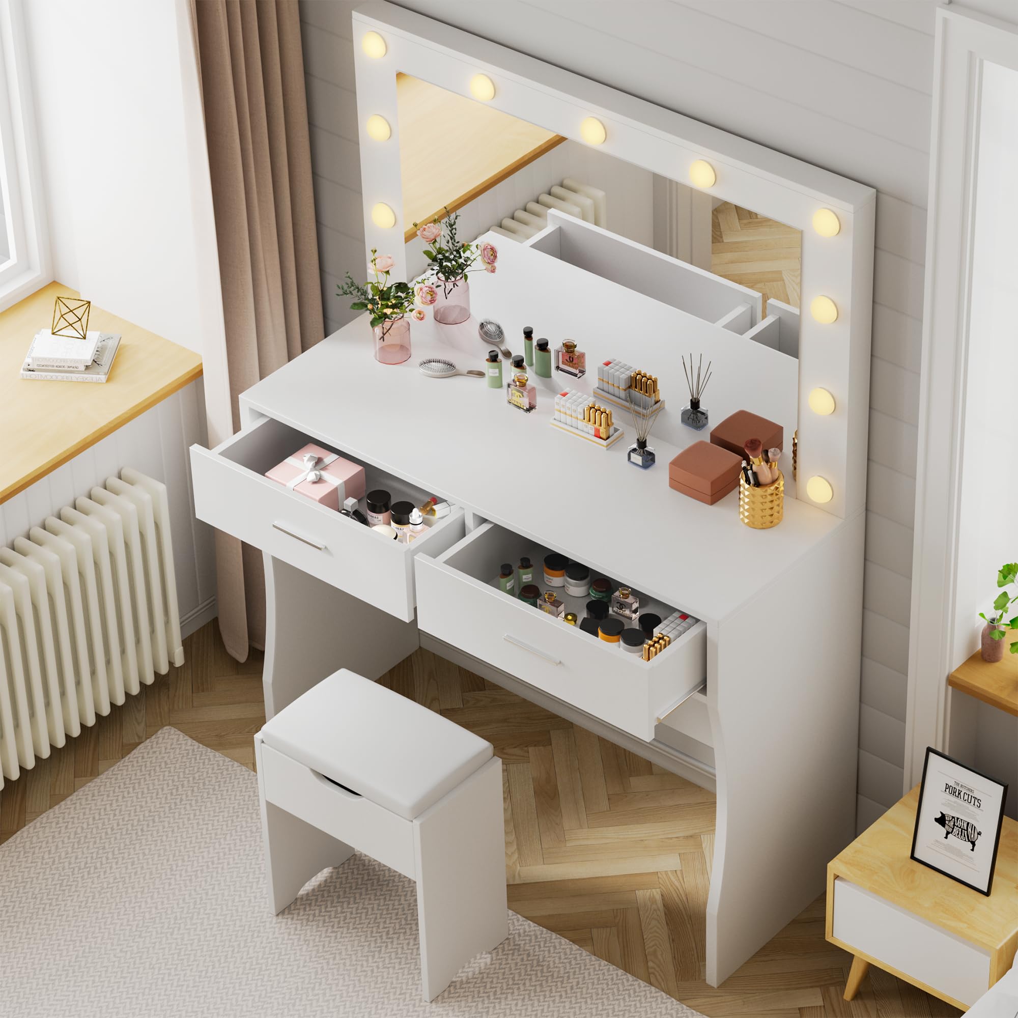 YESHOMY Vanity Desk with Mirror & Adjustable LED Lights - Makeup Dressing Table with 11 Brightness Settings, 3 Color Modes, 2 Spacious Drawers & Soft-Padded Stool - Perfect for Bedroom, Dorm, Beauty Salon (White)