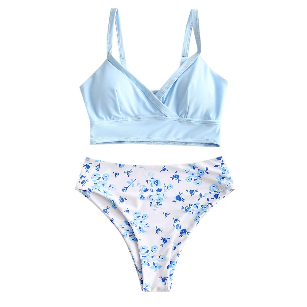 ZAFUL Women's Floral Print Plunge Neck Surplice High Cut Tankini Swimsuit Two Piece Set - Sexy Beachwear for Pool Party & Summer Vacation