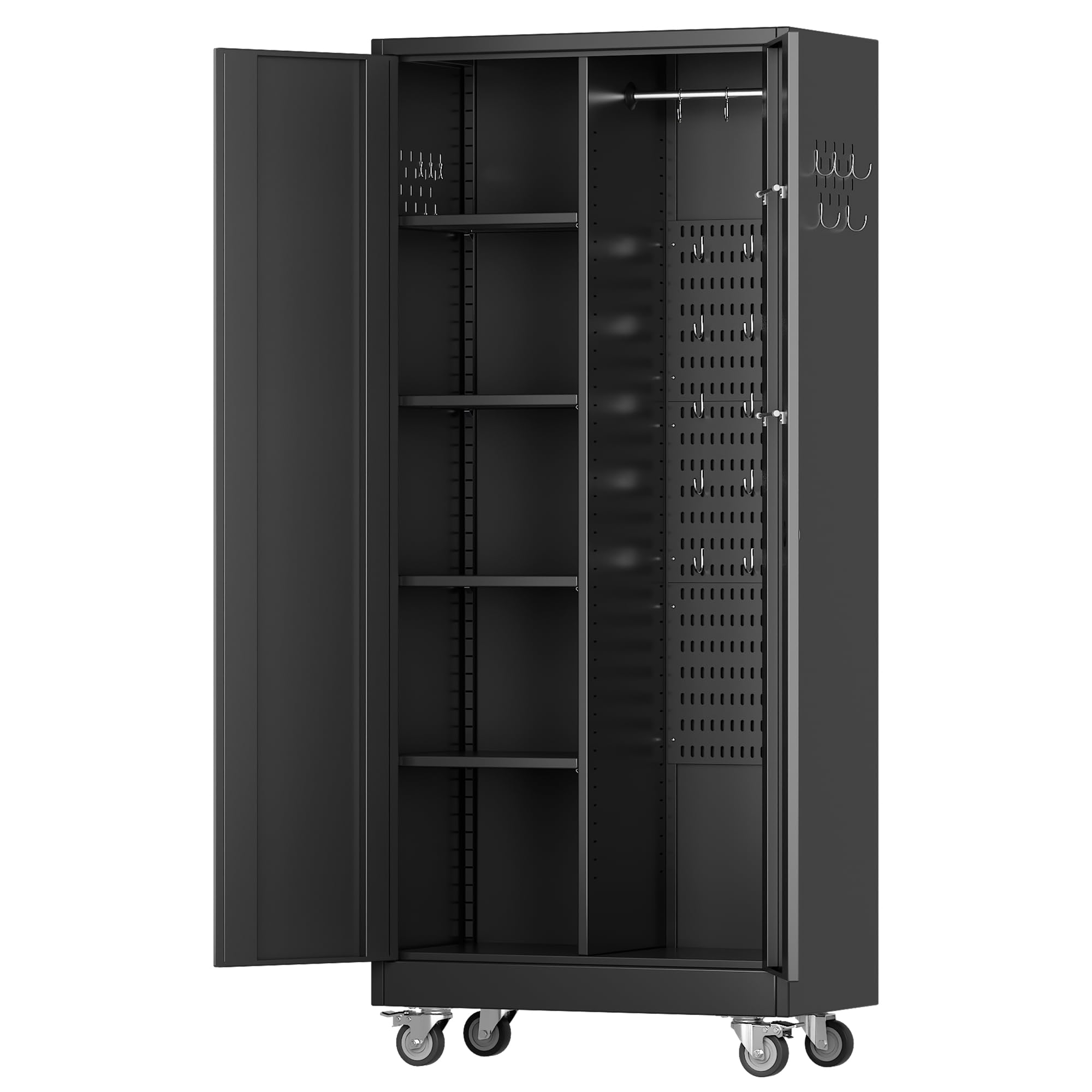 Heavy Duty Metal Garage Storage Cabinet with Wheels - Lockable Doors, 4 Adjustable Shelves & Pegboard Organizer - Ideal for Garage, Office, Gym, Pantry & Workshop Organization (Black)