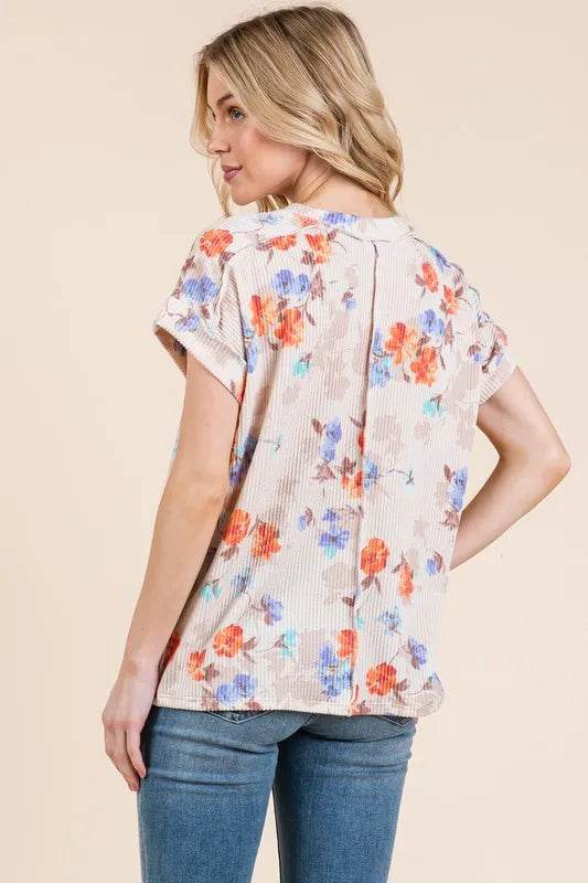 BOMBOM Floral Round Neck Ribbed T-Shirt for Women - Soft Stretch Casual Tee for Everyday Wear, Date Night & Summer Outfits