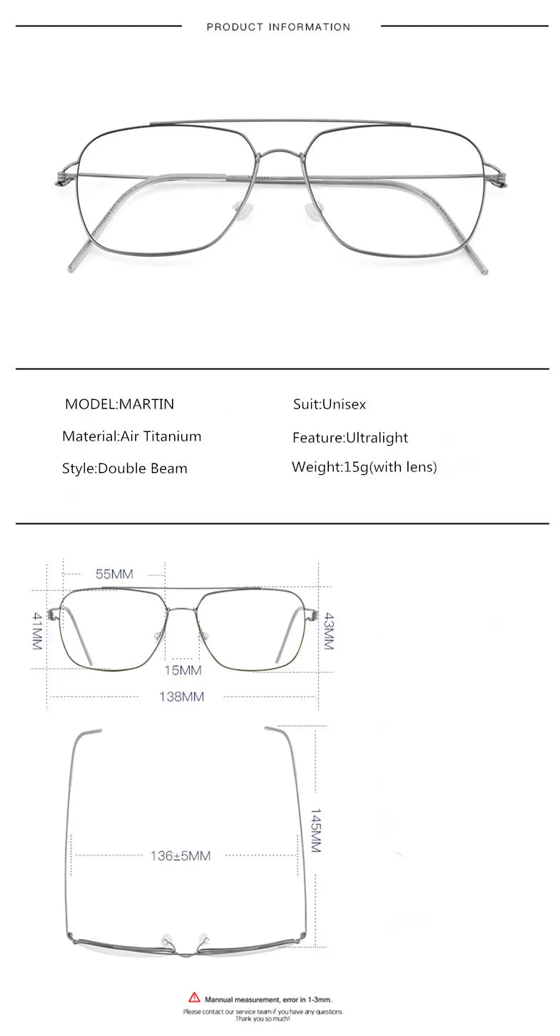 Aimee Unisex Full Rim Square Double Bridge Titanium Eyeglasses 1554 - Lightweight Durable Frame for Men & Women - Perfect for Reading, Work, and Everyday Use