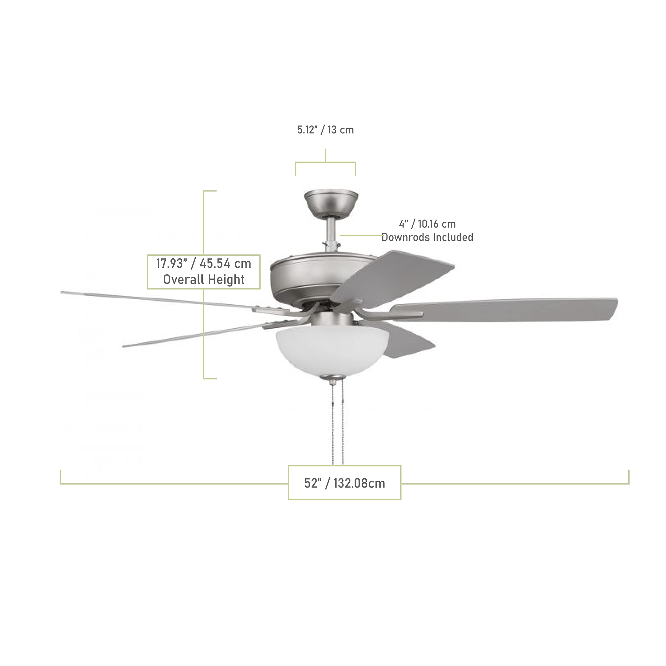 Craftmade P211BN5-52BNGW Pro Plus 52 Inch Ceiling Fan with LED Light Kit, Pull Chain Control, 5 Reversible Blades in Brushed Nickel/Greywood Finish - Perfect for Living Room, Bedroom & Outdoor Spaces