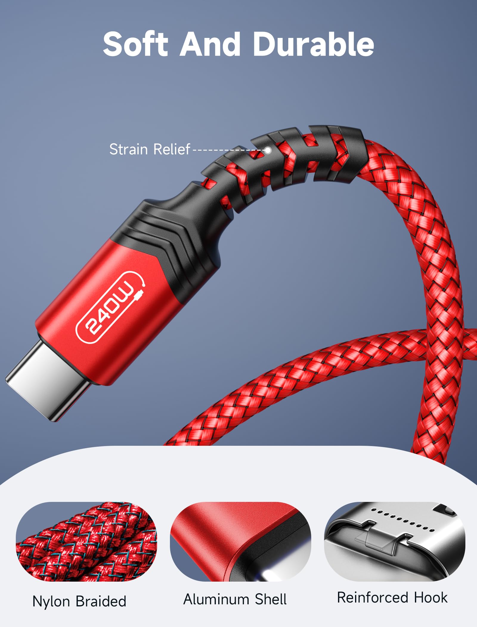 JSAUX 240W USB C to USB C Fast Charging Cable [10FT/3M] - Compatible with MacBook Pro/Air, iPad Pro, Galaxy S23/S22, Pixel & More - High Speed Data Sync & Power Delivery for Home, Office & Travel - Red