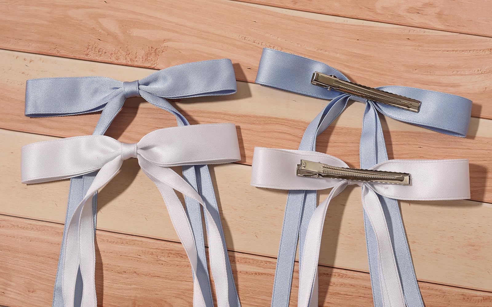 4pcs Women's Hair Clips - Elegant Tassel Ribbon Bowknot Barrettes with Long Tail, Solid Claw Hair Clips for Long Hair (White & Light Blue) | Perfect for Weddings, Parties and Daily Styling