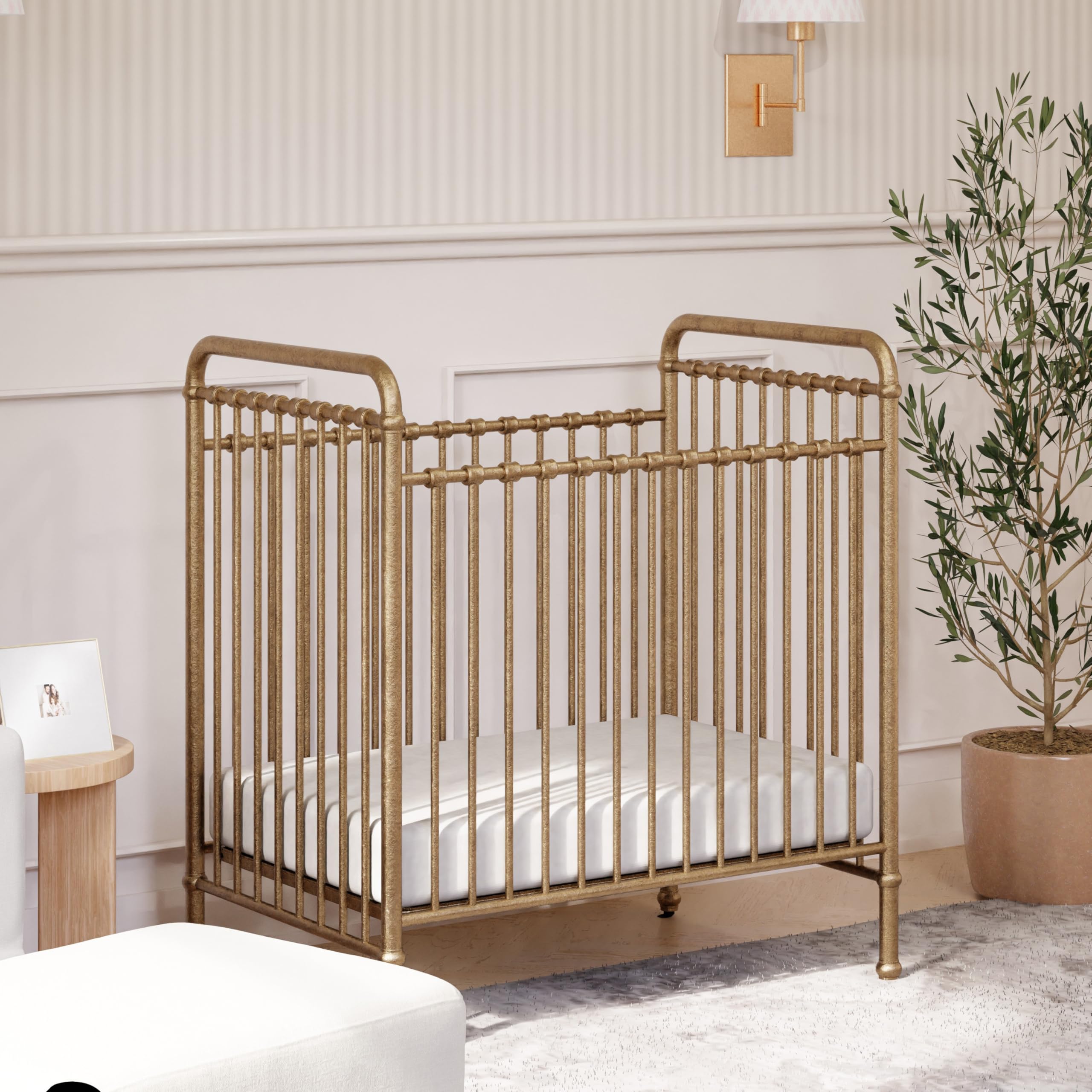 NAMESAKE Abigail 3-in-1 Convertible Mini Metal Crib in Vintage Gold - Greenguard Gold Certified Safe Nursery Furniture for Small Spaces | Perfect for Apartments, Nursery Rooms & Guest Bedrooms
