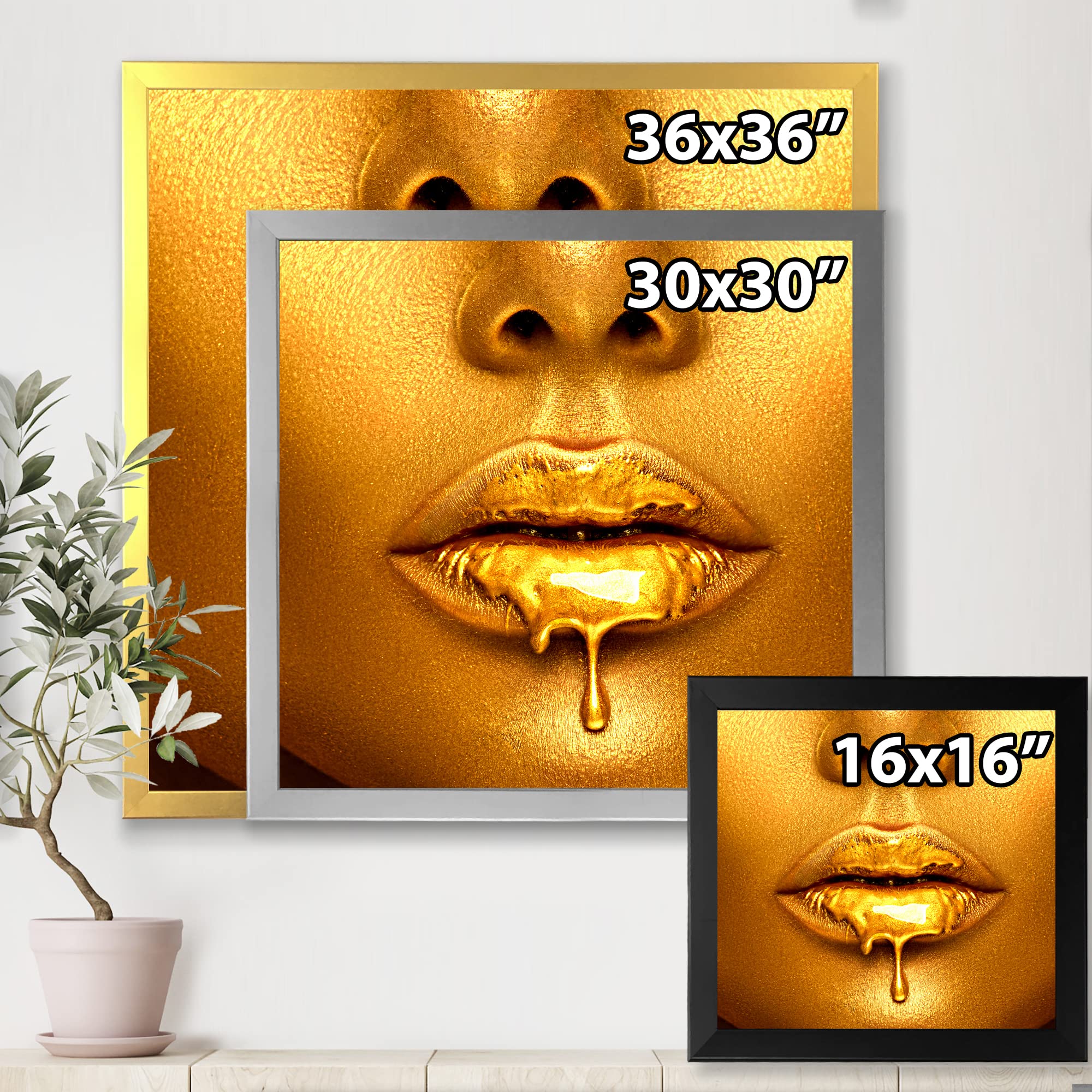 DesignQ Gold Paint Drips From Sexy Woman Lips Modern Framed Wall Art - Contemporary Home Decor for Living Room, Bedroom & Office