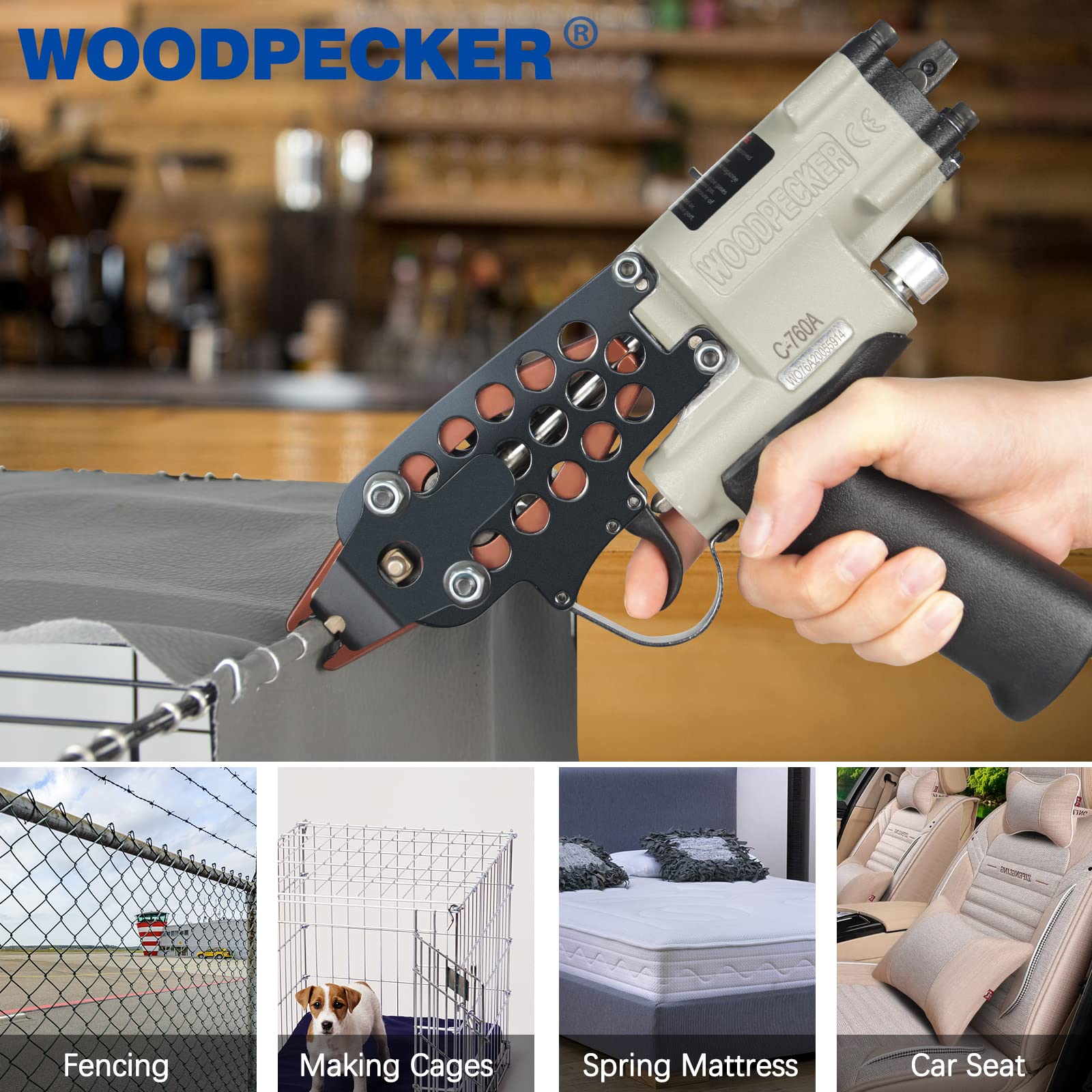**Woodpecker C-760A 16 Gauge 1/2-Inch 3.0-4.8mm Closure Diameter Pneumatic C-Ring Pliers - Heavy Duty C-Ring Gun for Mattress, Furniture, Upholstery, and Automotive Repair**