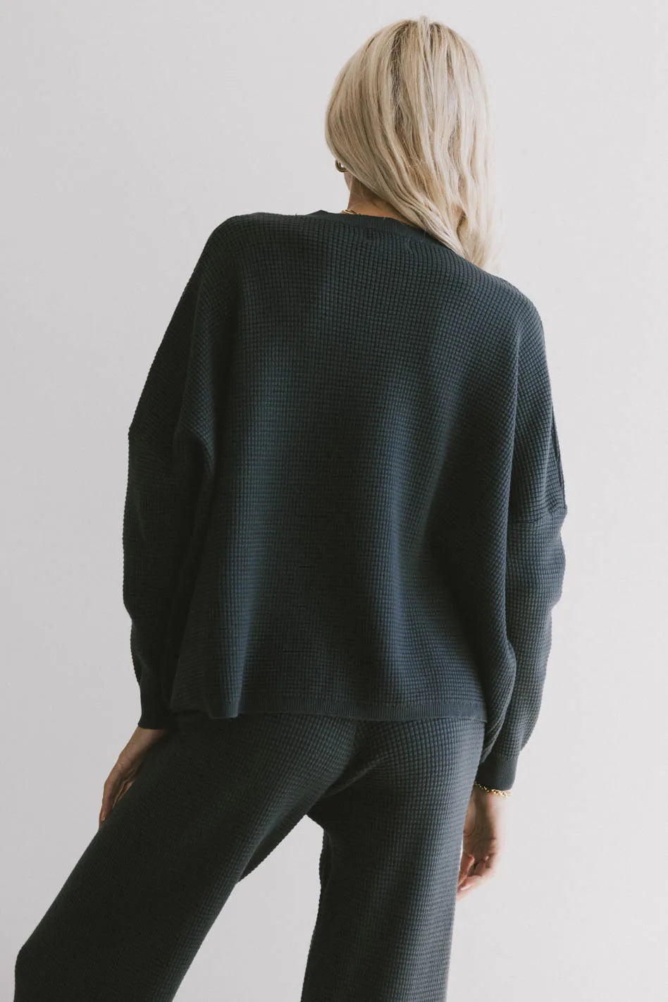 Jesse Waffle Knit Top Women's Long Sleeve Crewneck Sweater in Navy Blue | Cozy Casual Winter Pullover for Fall & Winter Outfits | FINAL SALE