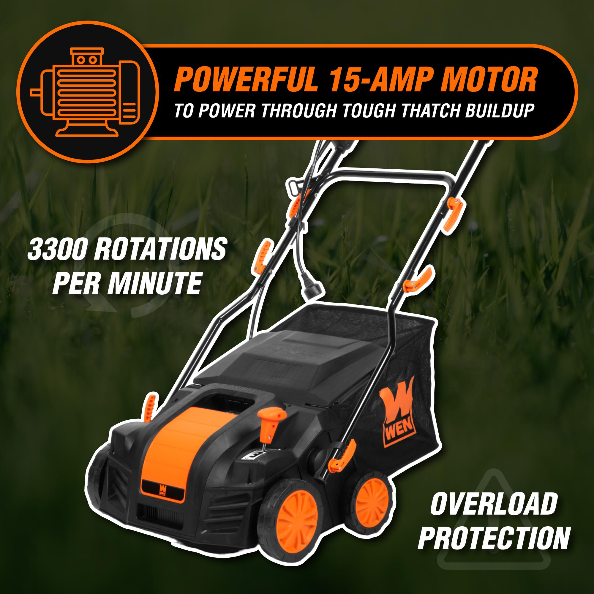WEN DT1516 16-Inch 15 Amp 2-in-1 Electric Dethatcher & Scarifier with Collection Bag - Perfect for Lawn Aeration and Thatch Removal in Residential Yards