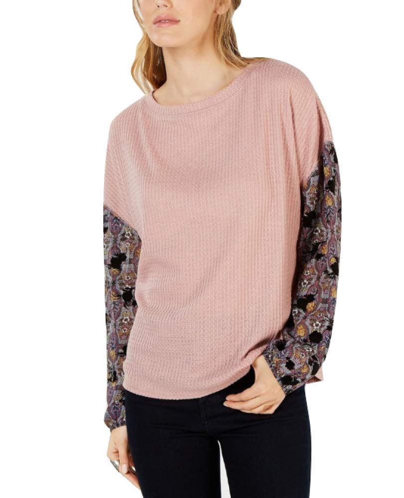 Gypsies & Moondust Juniors' Printed-Sleeve Waffle-Knit Top - Mauve XL | Cute Casual Blouse for Teens, Perfect for School, Dates & Weekend Outfits
