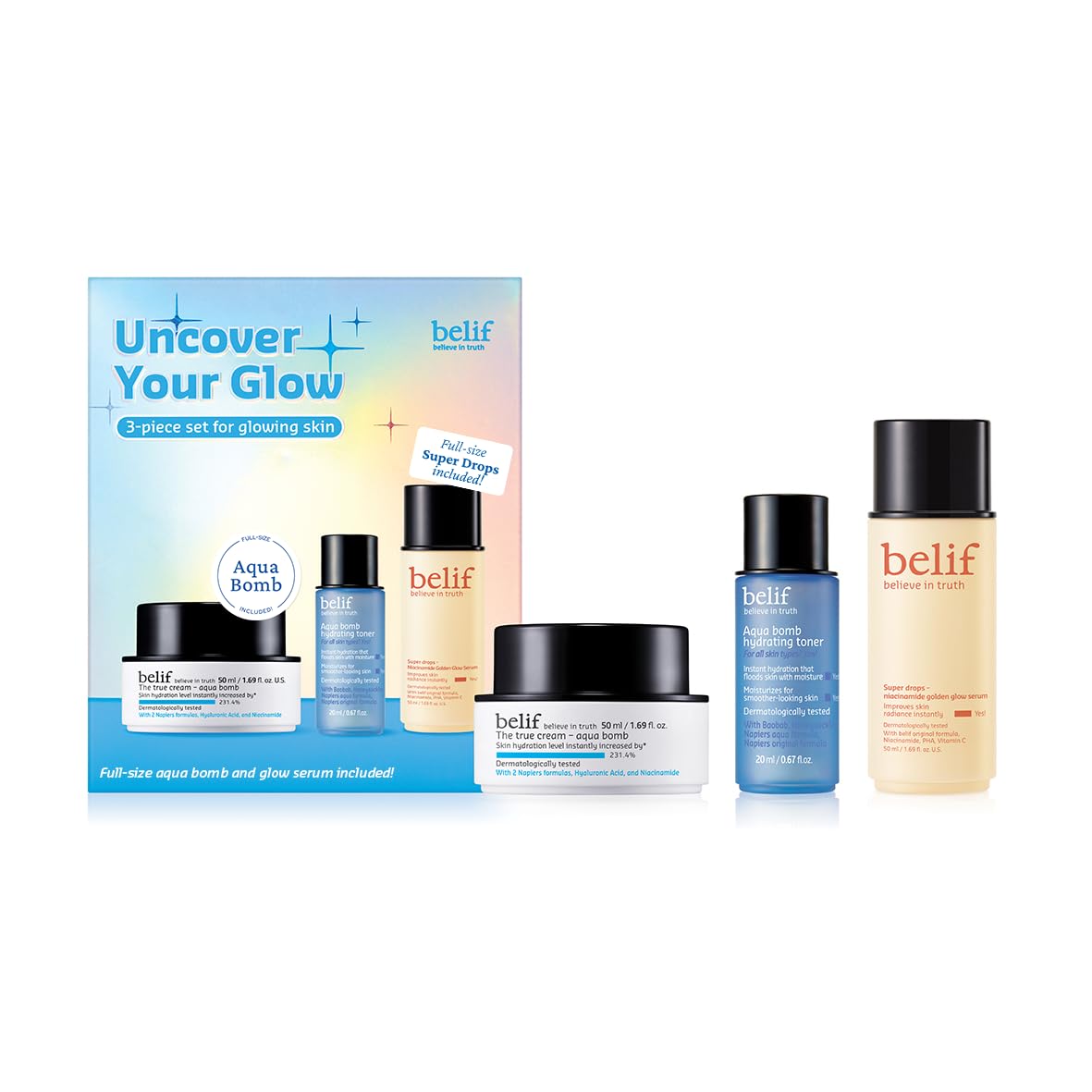 Belif Uncover Your Glow Skincare Set - Aqua Bomb Daily Face Moisturizer with Hyaluronic Acid, Niacinamide & Vitamin C Golden Glow Serum, Hydrating Toner for All Skin Types | Korean Beauty Routine for Radiant, Dewy Skin | Perfect for Daily Hydration & Nighttime Skincare Regimen