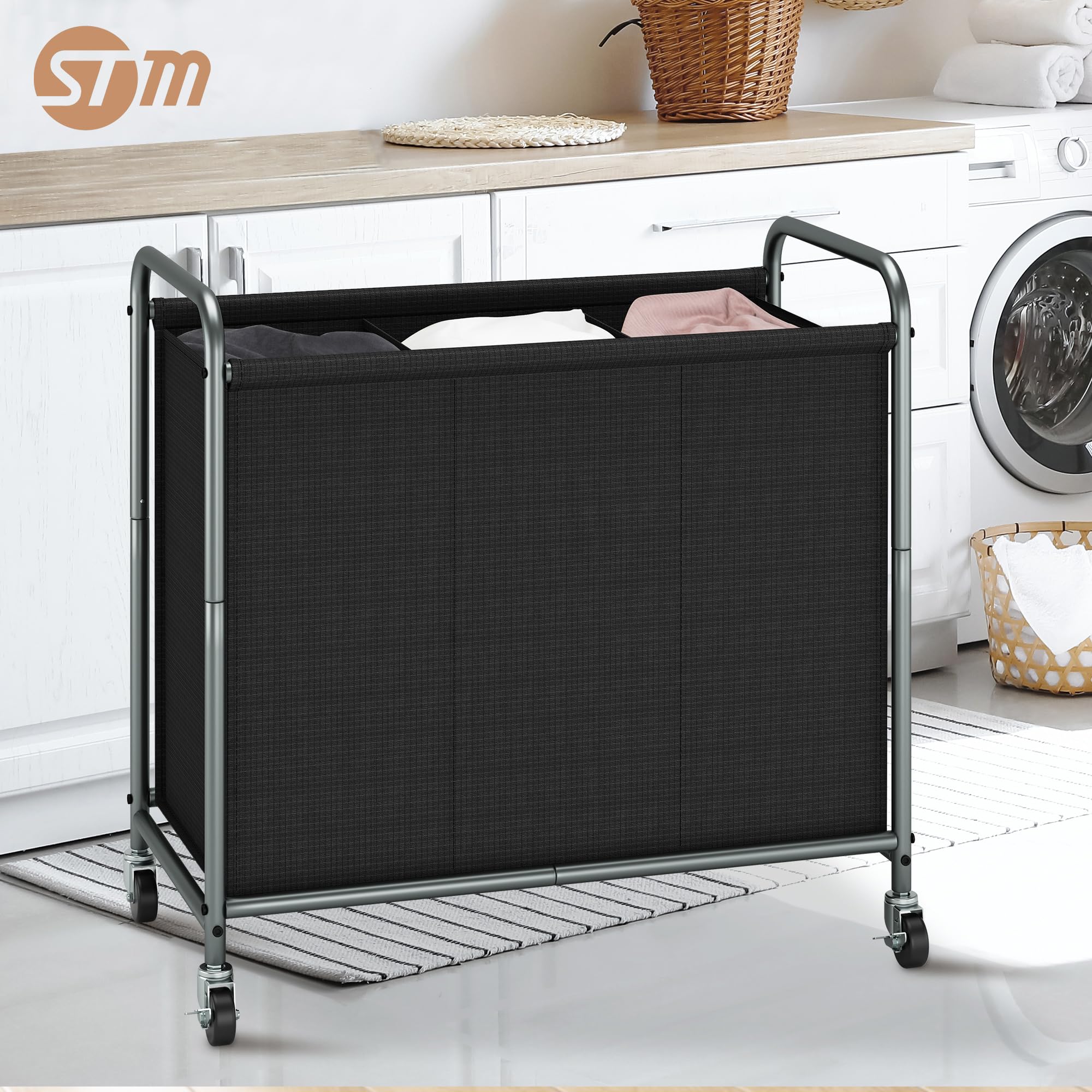 STORAGE MANIAC 165L Laundry Hamper with Wheels - 3-Section Clothes Sorter for Home & Laundry Room