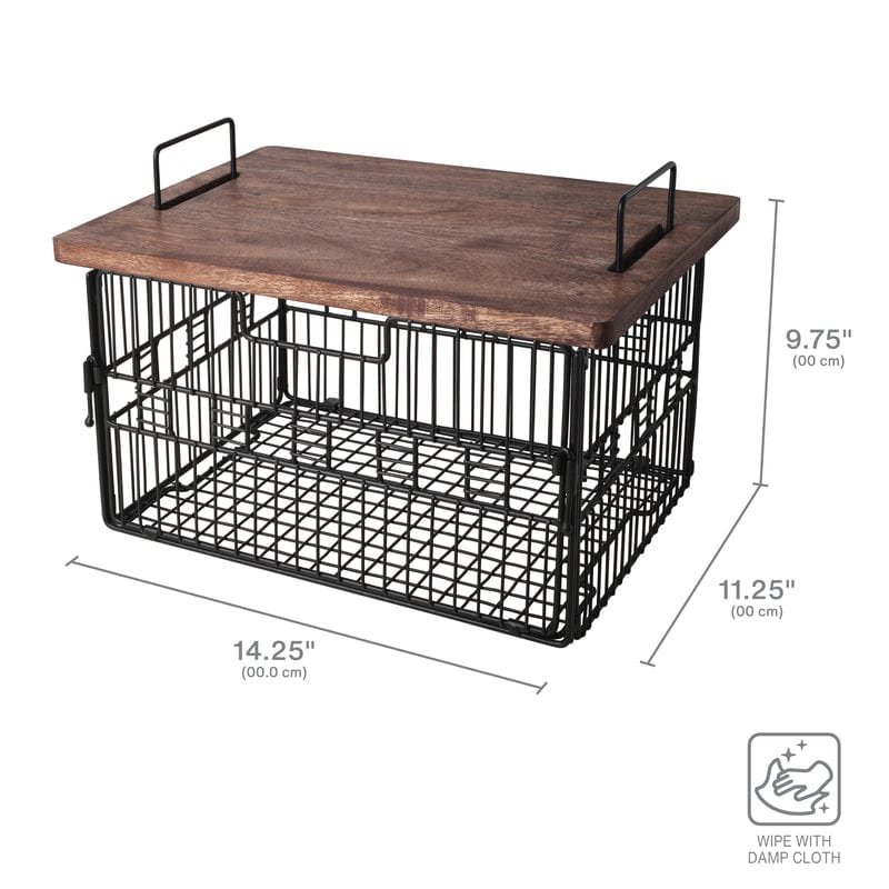 Madam Grid Stacking & Nesting Basket with Mango Wood Lid - Organize Pantry, Bathroom, or Office Supplies - Stylish Storage Solution for Home Decor