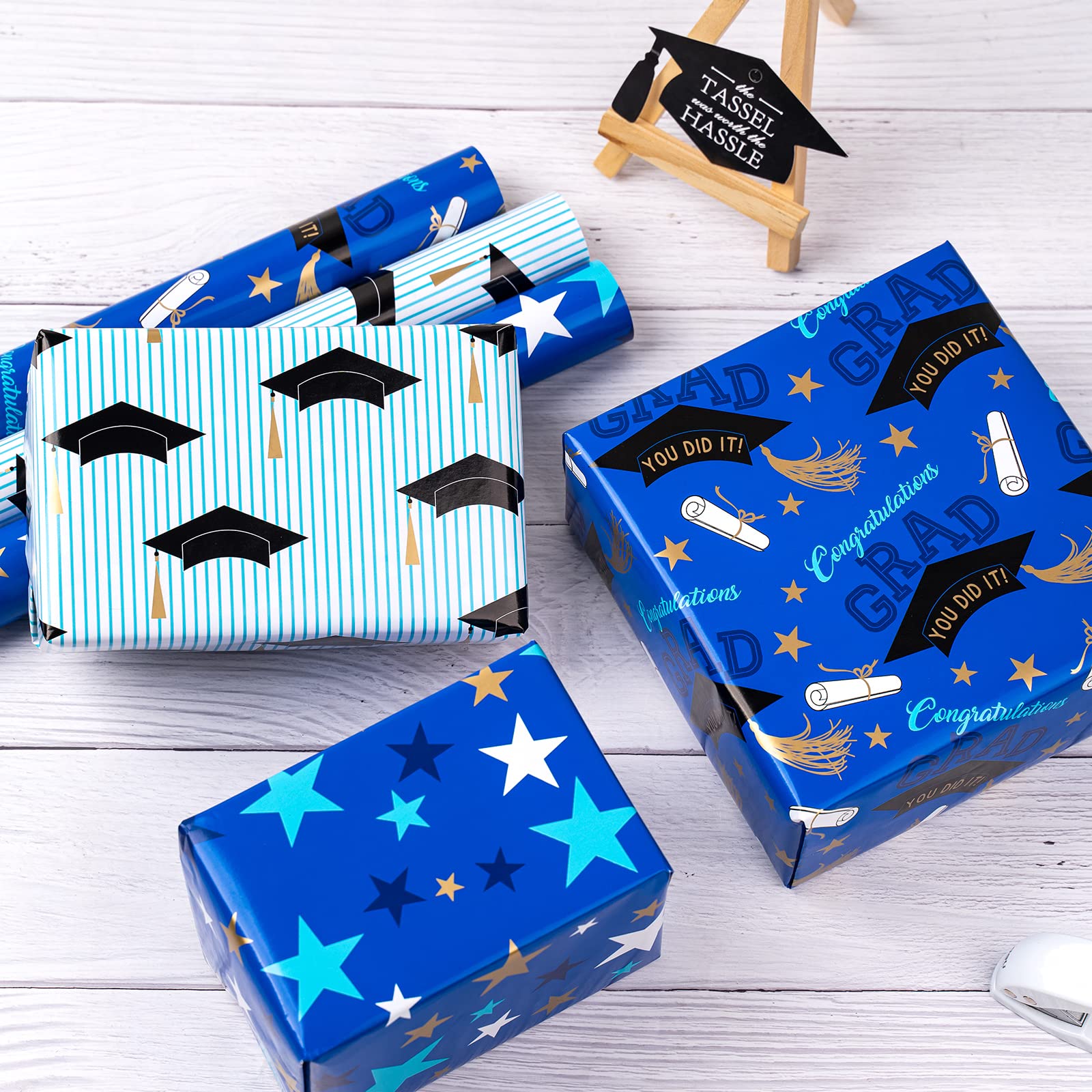 WRAPAHOLIC Graduation Wrapping Paper Roll - 3 Mini Rolls (17x120 Inches Each) - Cap & Star Design for Gift Wrapping | Perfect for Graduation Parties, Diploma Presents & Celebration Decorations