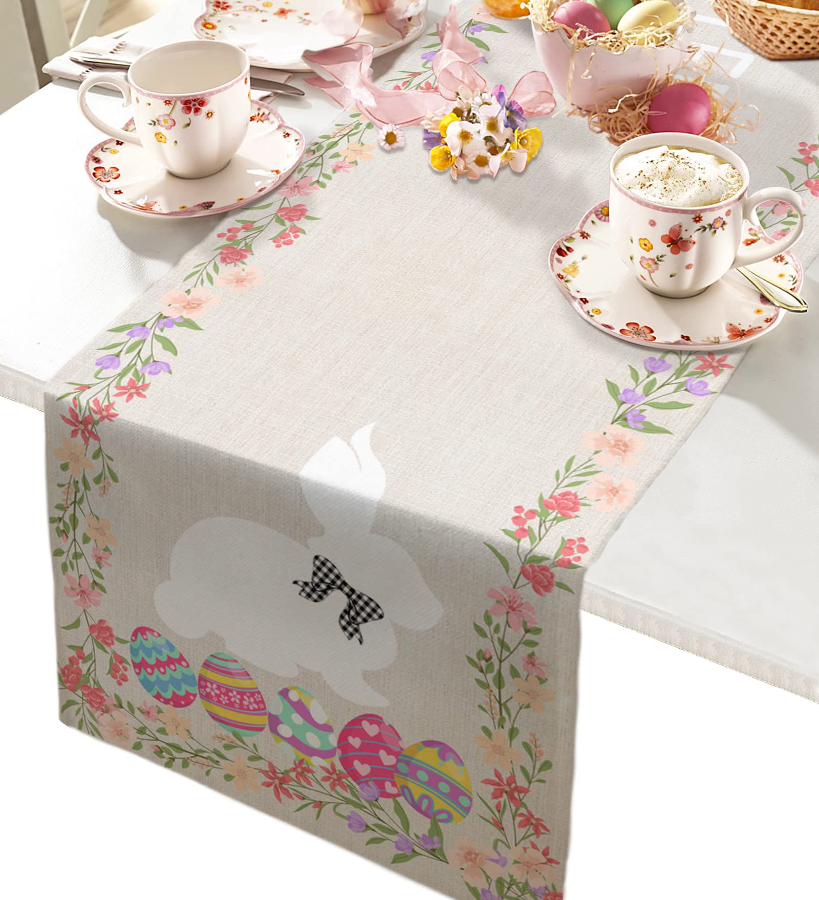 Easter Bunny Table Runner - 14 x 72 Inch Spring Floral Tablecloth with Rabbit & Egg Designs, Blue Pink Rustic Home Decor for Easter Party, Kitchen Dining, Holiday Table Setting