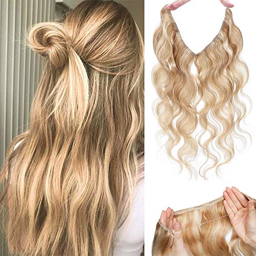 100% Human Hair Extensions - Invisible Wire In Hair Piece with Transparent Rubber Band, Long Curly/Wavy Clip-In Extensions (18P613, Ash Blonde & Bleach Blonde, 24