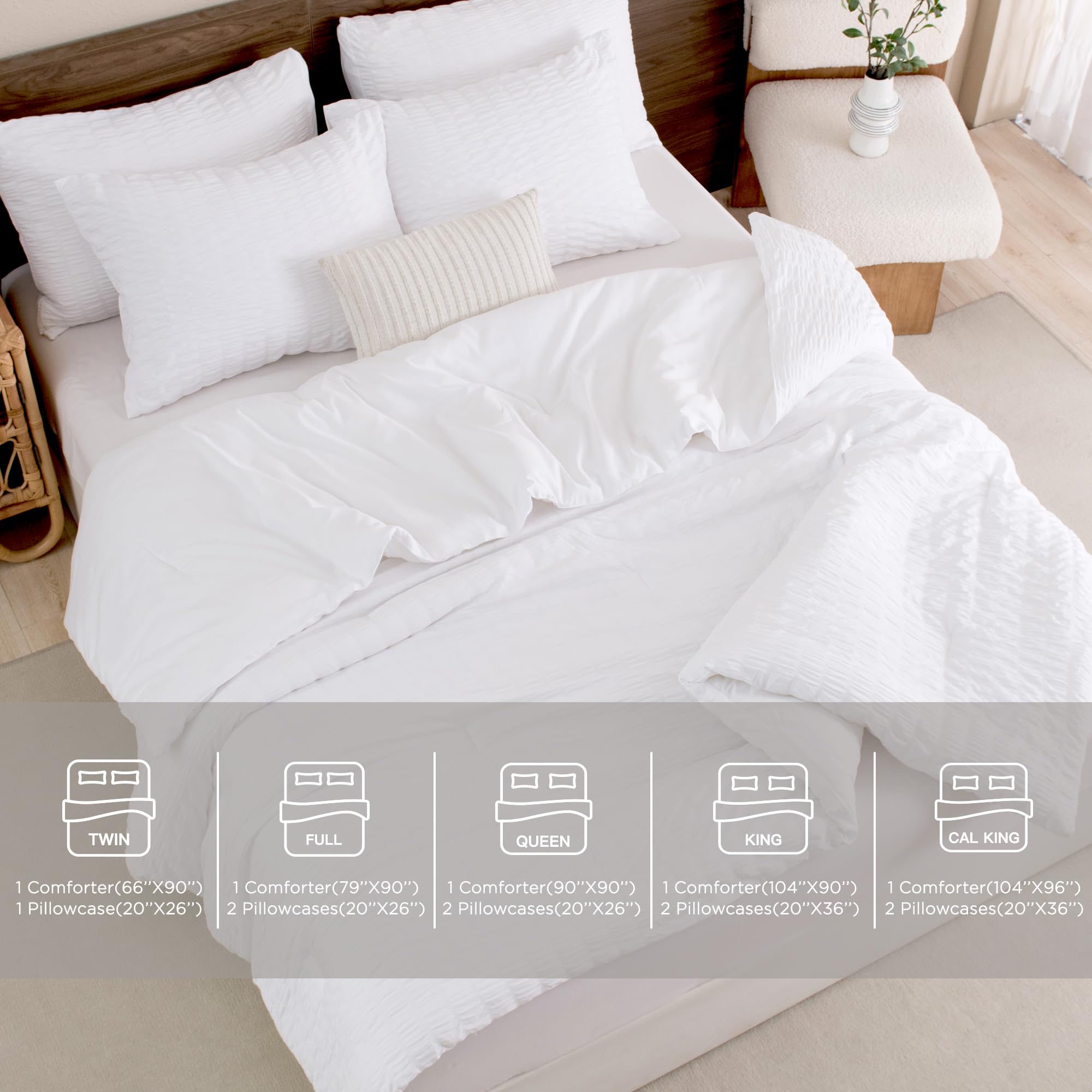 Andency White Twin Size Comforter Set - 2 Piece Lightweight Microfiber Down Alternative Bedding (66x90 inches) with Seersucker Texture - Perfect for Kids Rooms, Dormitories & Guest Bedrooms