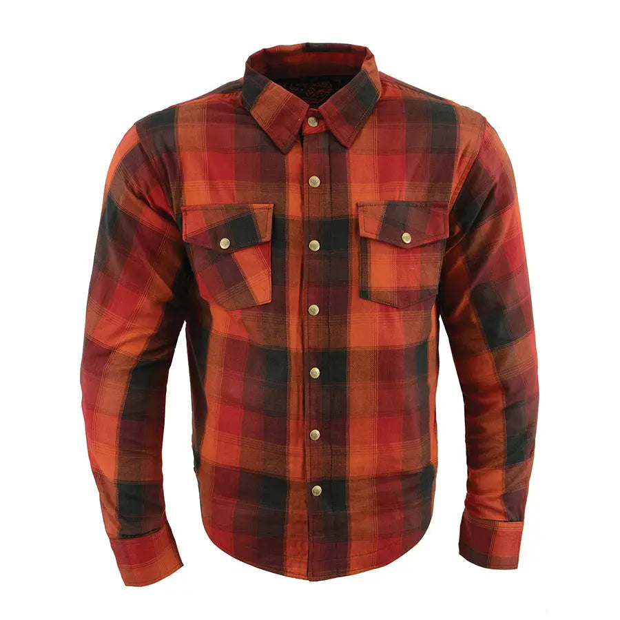 Milwaukee Leather Men's Red & Orange Armored Flannel Biker Shirt with Reinforced Fibers | Motorcycle Riding Gear for Safety & Style