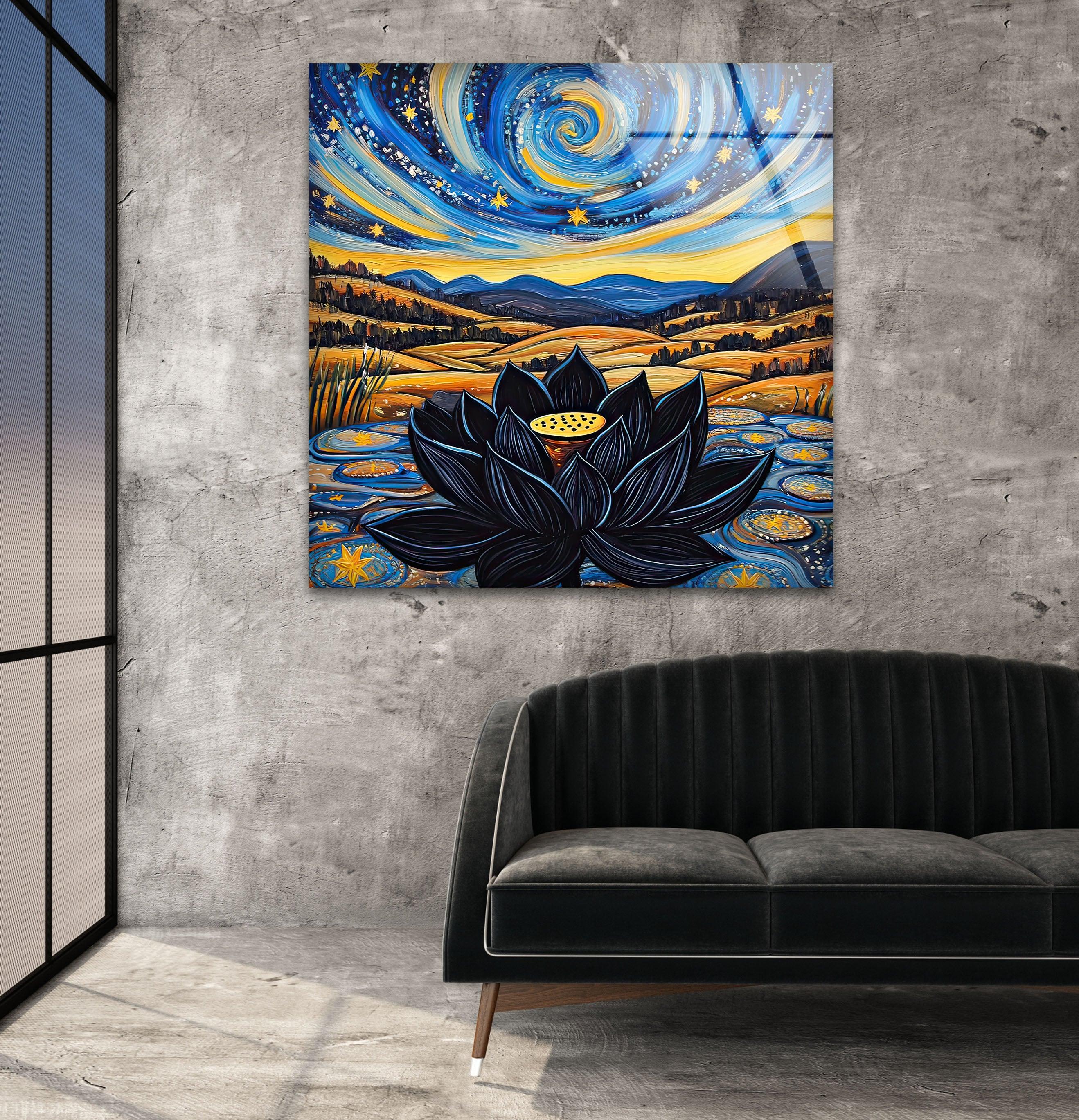Black Lotus Glass Wall Art - Elegant Handmade Stained Glass Decor for Home & Office - Perfect for Living Room, Bedroom, and Meditation Spaces