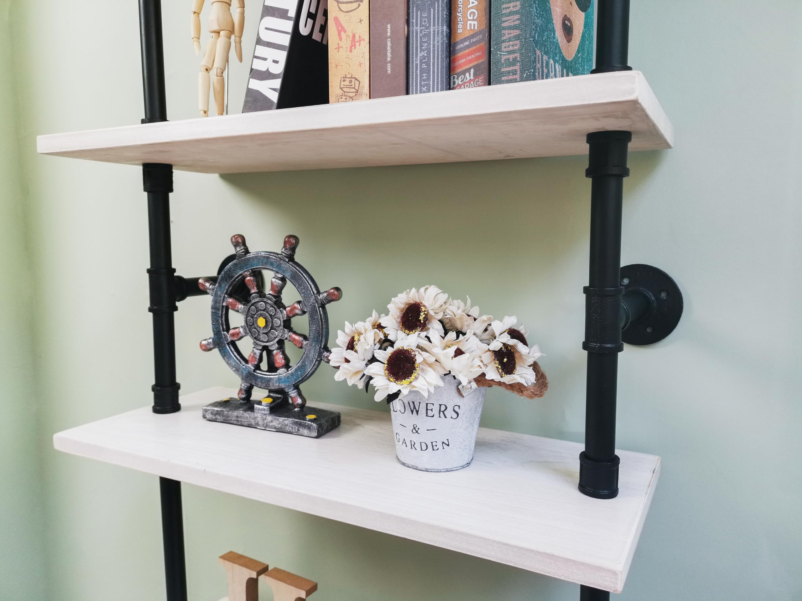 Industrial Ladder Pipe Shelves - Wall Mounted Wood & Metal Rustic Bookshelf for Living Room, Bedroom, Office - 6 Tier Storage Shelf (10