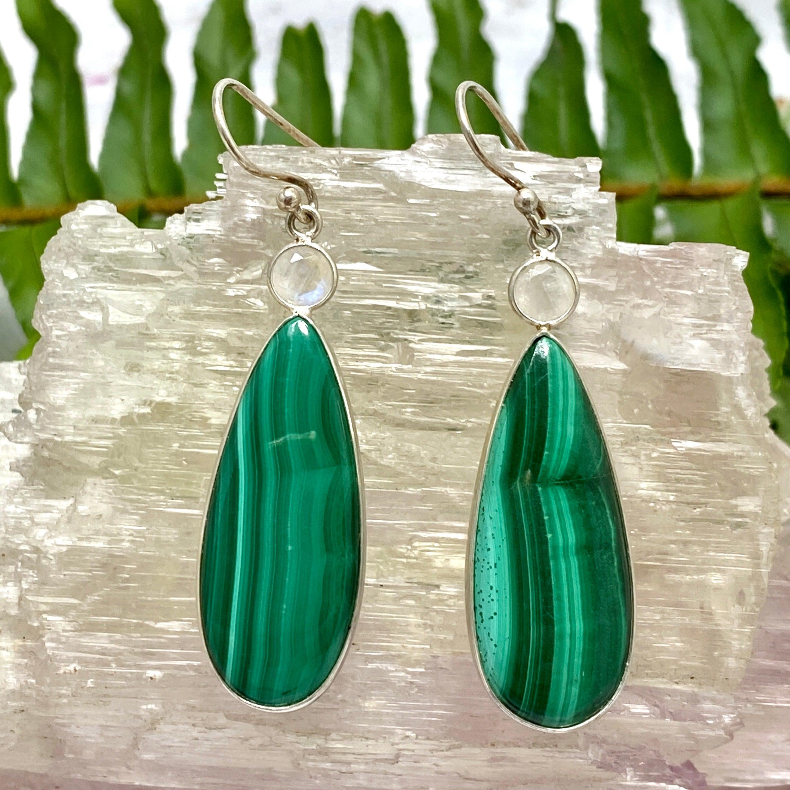 Natural Malachite Teardrop Cabochon Earrings for Women - Handmade Green Gemstone Dangle Earrings - Perfect for Boho, Hippie & Vintage Jewelry Lovers
