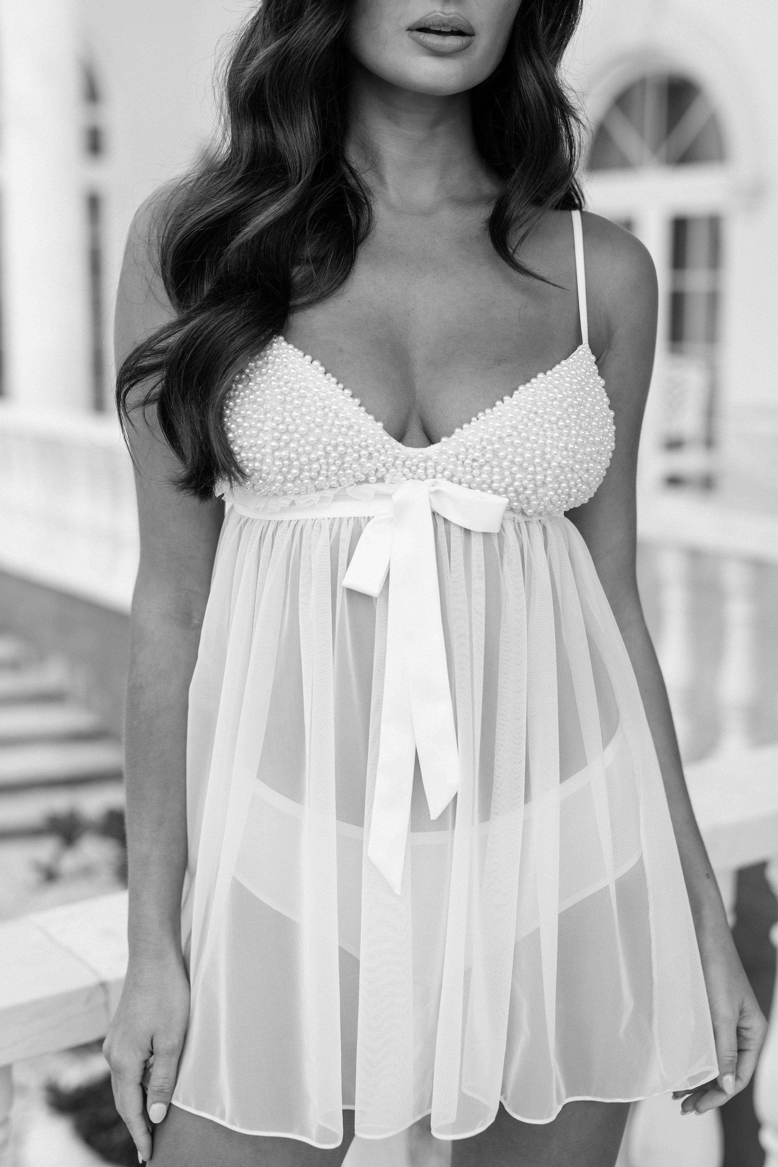 Elegant Florence Hand-Beaded Pearl Mesh Babydoll Bridal Slip - Perfect for Weddings, Bridal Showers & Romantic Occasions