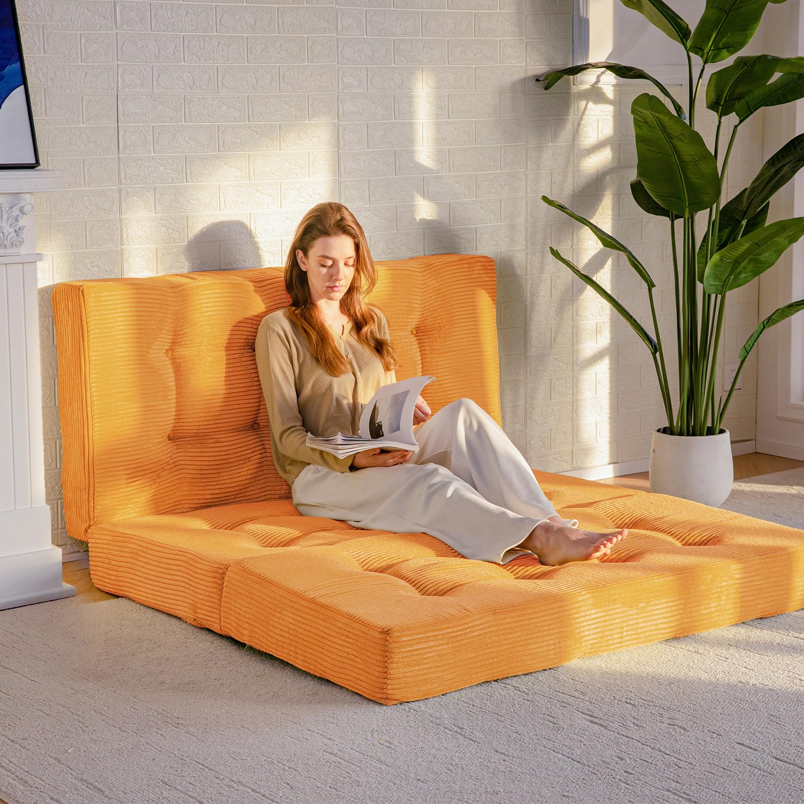 6 Inch Tri Fold Mattress - MAXYOYO Tufted Folding Foam Bed with Breathable Corded Fabric, Full Size, Orange | Perfect for Guest Beds, Camping, Dorms & Small Spaces