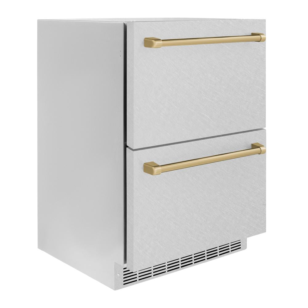 ZLINE Autograph Edition 24-inch Outdoor Rated Dual Refrigerator Drawer with Satin Stainless Steel Doors & Champagne Bronze Handles - 168 Can Capacity (RDSOZ SN 24 CB) | Perfect for Outdoor Kitchens, Patio Bars & Entertaining Spaces