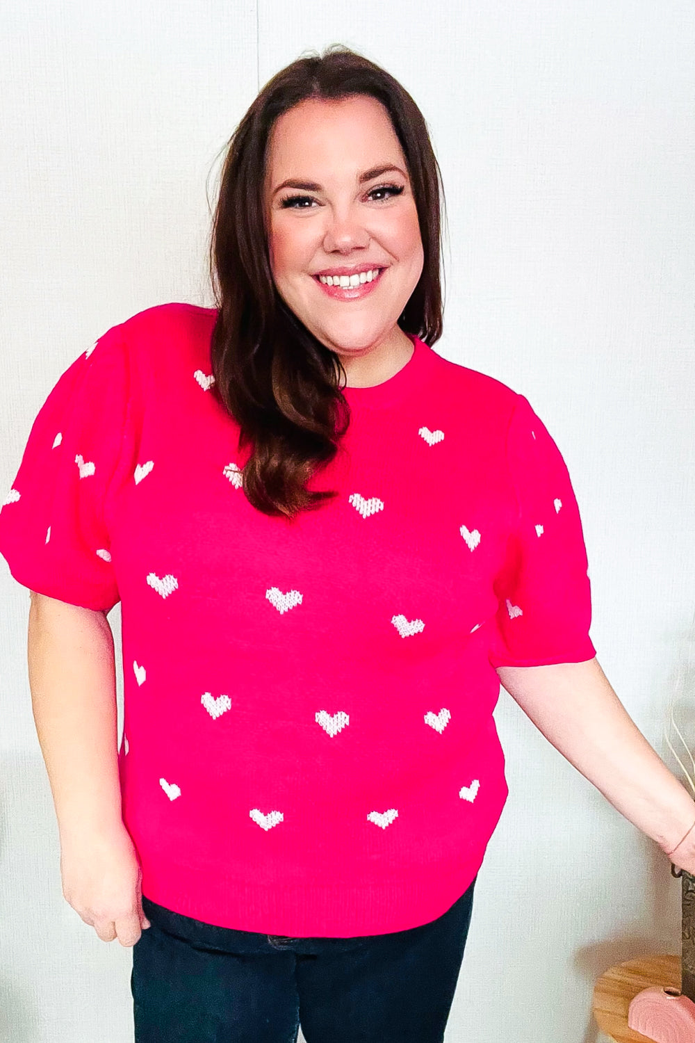Be Mine Pink & White Heart Oversized Jacquard Sweater | Women's Valentine's Day Knit Pullover | Cozy Winter Fashion for Date Night & Casual Outings