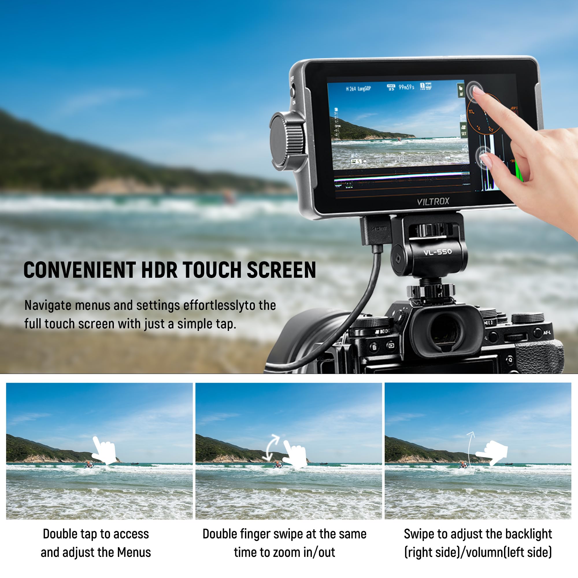 VILTROX DC-550 Lite 5.5 Inch 4K Touchscreen Camera Field Monitor with HDMI Input/Output, 400Nits Brightness, Peaking Focus Assist, Sunshade Hood & Battery - Perfect for DSLR Filmmaking, Video Production, and On-Camera Monitoring