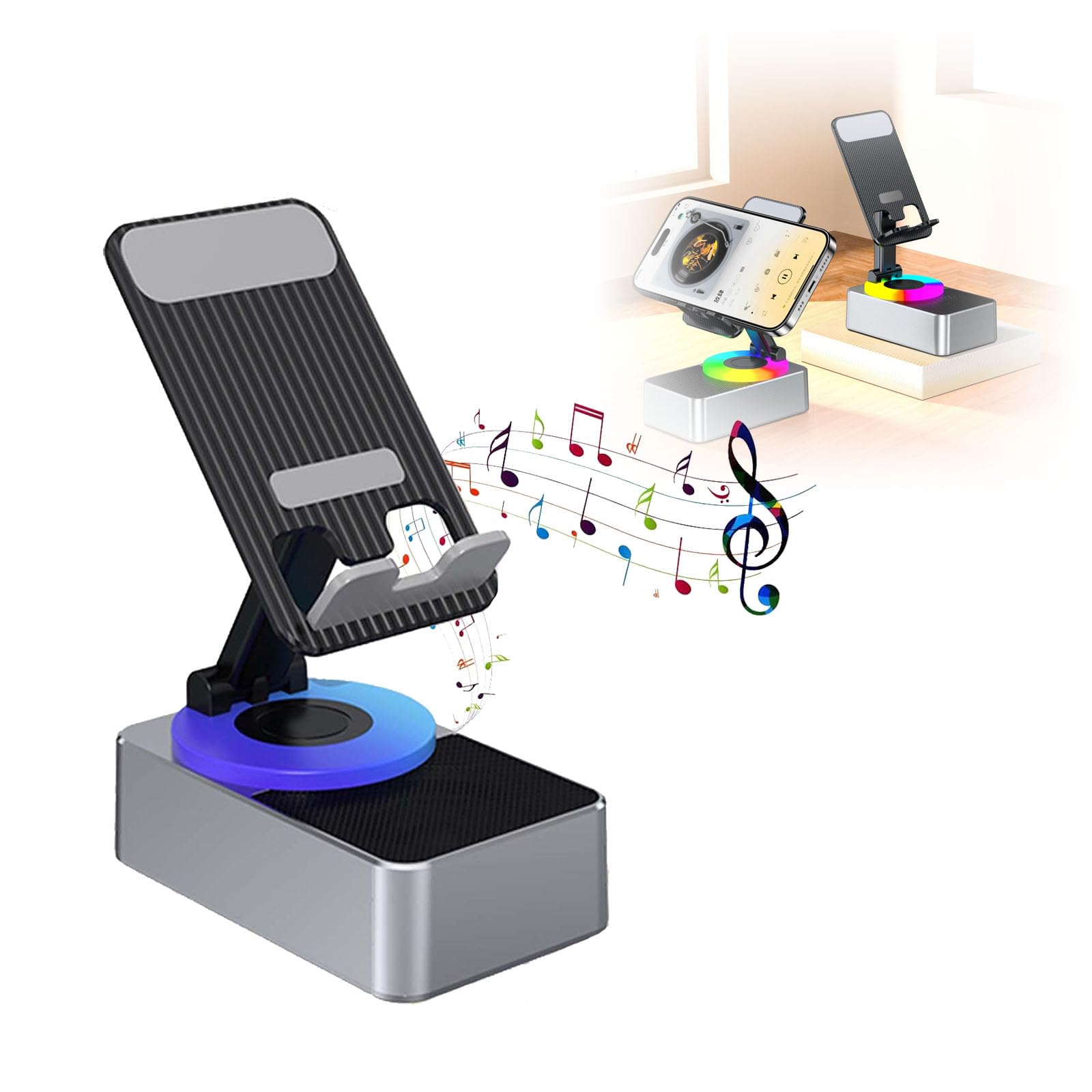 360° Rotatable Adjustable Bluetooth Speaker Phone Stand - Wireless Charging & Hands-Free Calling for Home, Office, and Car Use