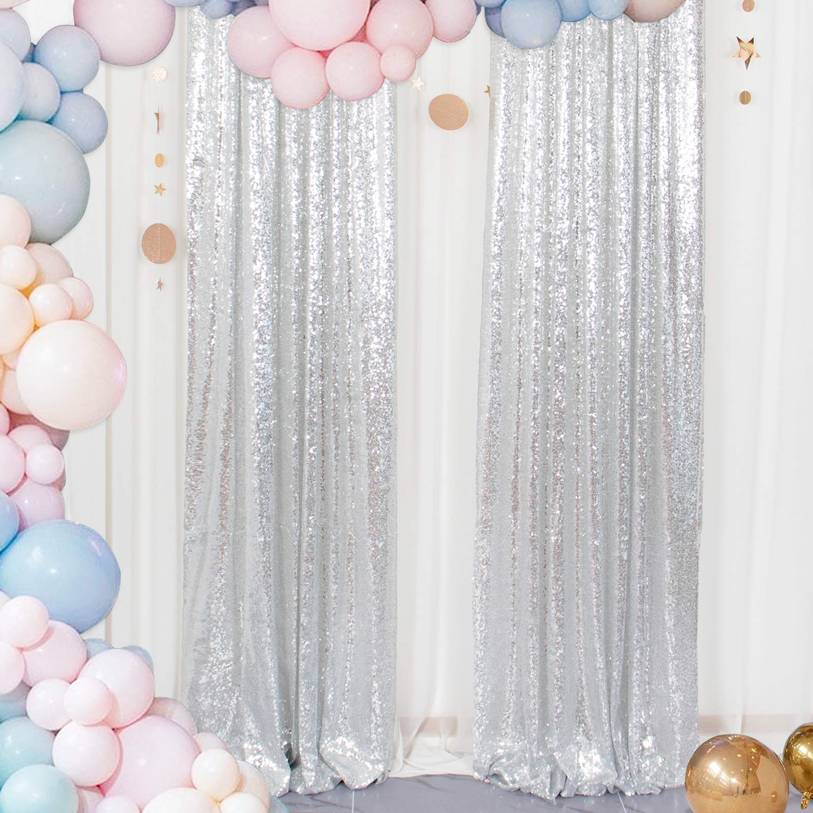 ShinyBeauty Silver Sequin Photo Backdrop - 2 Panels 4FT x 8FT (96 Inches Long) for Wedding, Party, Birthday, Photography Studio Decor - Sparkling Curtain Backdrop for Events & Photo Shoots