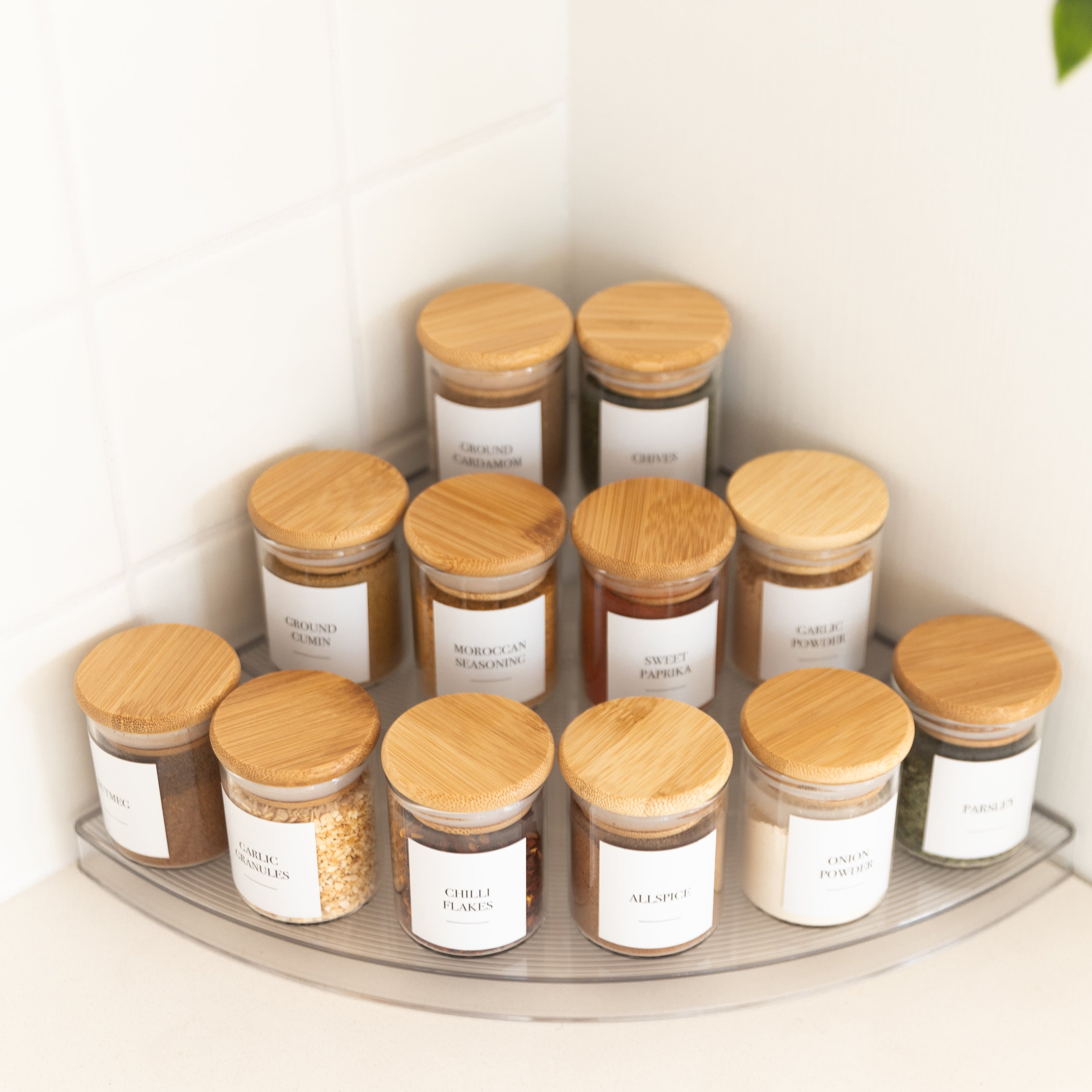 Clear 3-Tier Corner Spice Rack Organizer with 12x 75ml Glass Jars - Space-Saving Kitchen Storage for Spices, Herbs & Seasonings - Perfect for Small Kitchens, Pantries & Countertop Organization