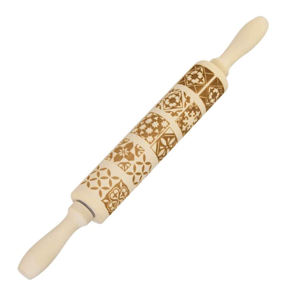 Christmas Embossed Wooden Rolling Pins - Natural Wood Carved Baking Rolling Pin for Cookies, Pastry Dough & Pie Crust - Kitchen Baking Tool for Holiday Cookies, DIY Desserts & Homemade Treats