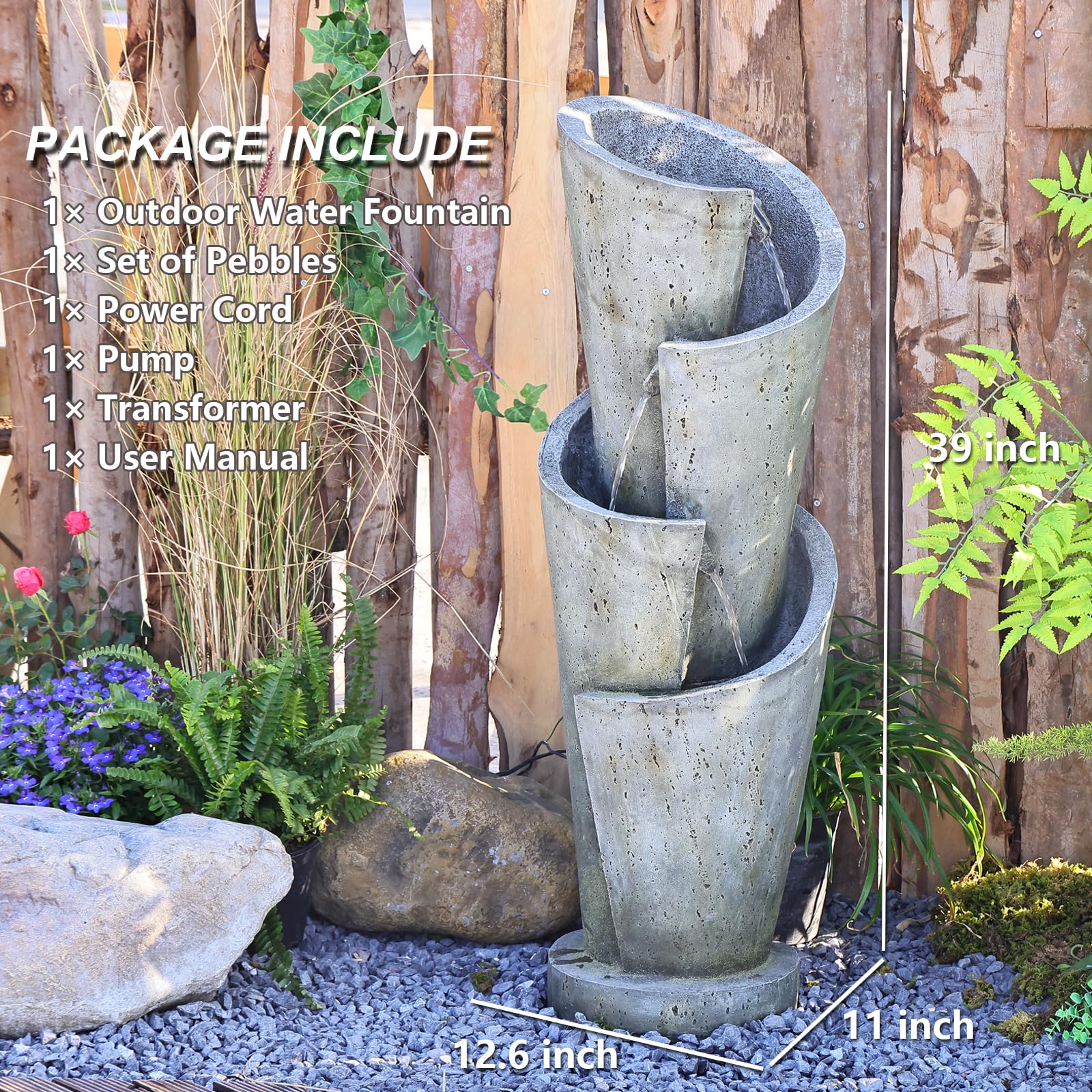Outdoor Garden Water Fountain with LED Lights - 39 Inch Circular Elegance Waterfalls Floor Standing Fountain with Pump for Patio, Yard, Living Room | Perfect for Relaxation & Home Decor