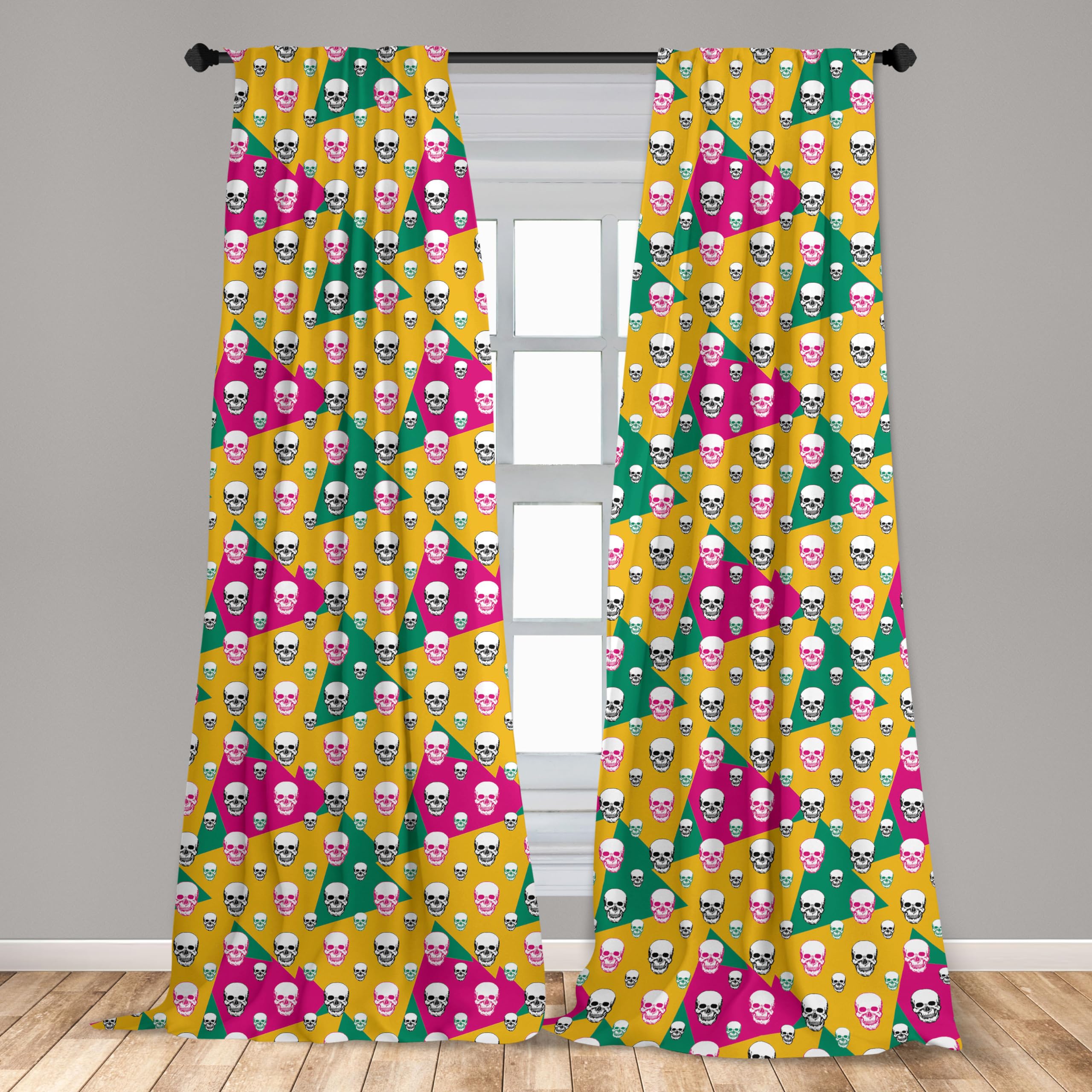 Ambesonne Skull Window Curtains - Gothic Head Bones Print on Geometric Triangle Pattern, Lightweight Blackout Drapes 2-Panel Set with Rod Pocket (28