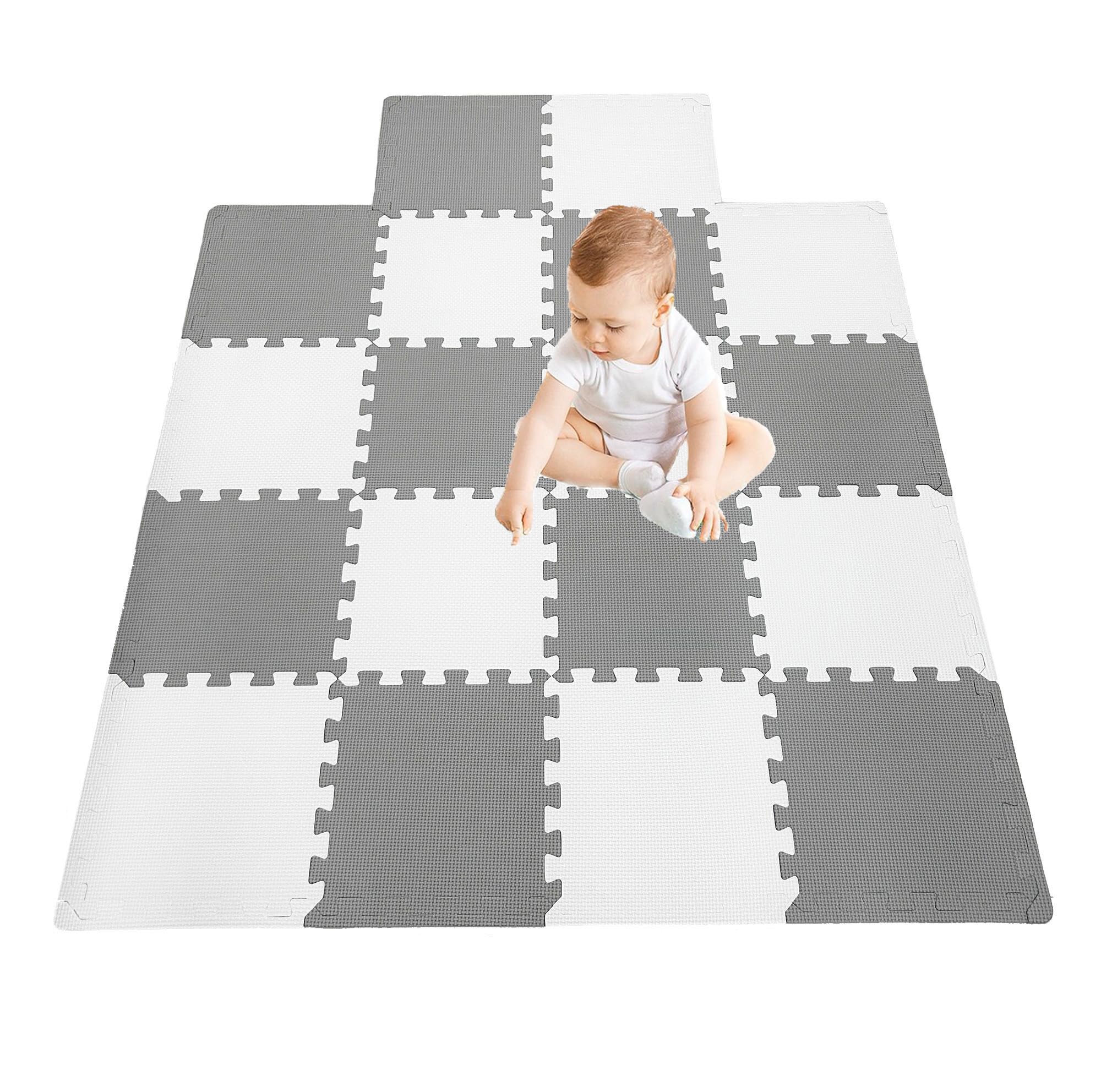 18-Piece Interlocking Foam Play Mat Tiles for Kids - Non-Slip Puzzle Floor Mats for Playroom, Nursery & Gym - Soft Gray & White with Border - Perfect for Toddler Safety, Exercise & Learning Activities