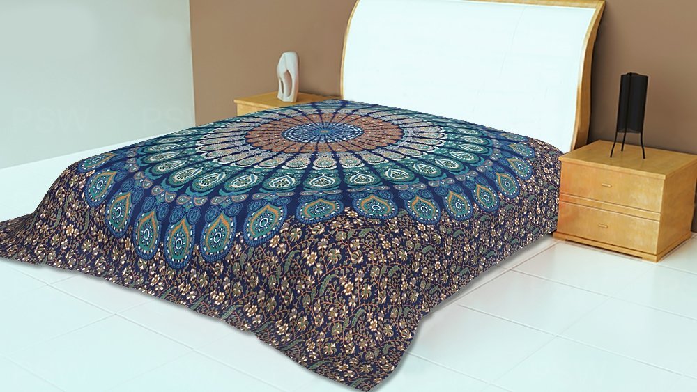 Blue Mandala Tapestry Queen Size - Cotton Printed Bohemian Wall Hanging for Bedroom Decor, Ethnic Throw Blanket, Room Divider & Wall Art | Perfect for Yoga Studios, Dorm Rooms & Meditation Spaces