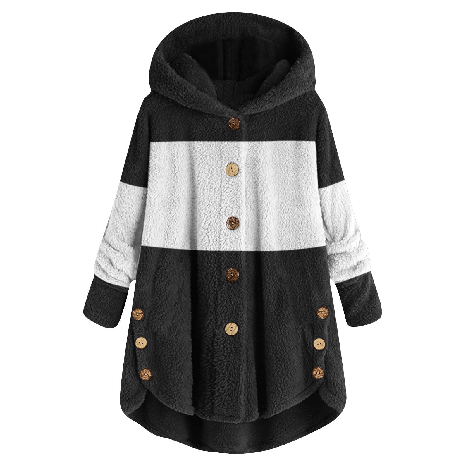 HSUAYEUD Women's Oversized Plush Button Hooded Coat - 2023 Fashion Stitching Casual Long Sleeve Sweatshirt Jacket for Winter Outwear | Cozy Loungewear, Street Style & Office Chic