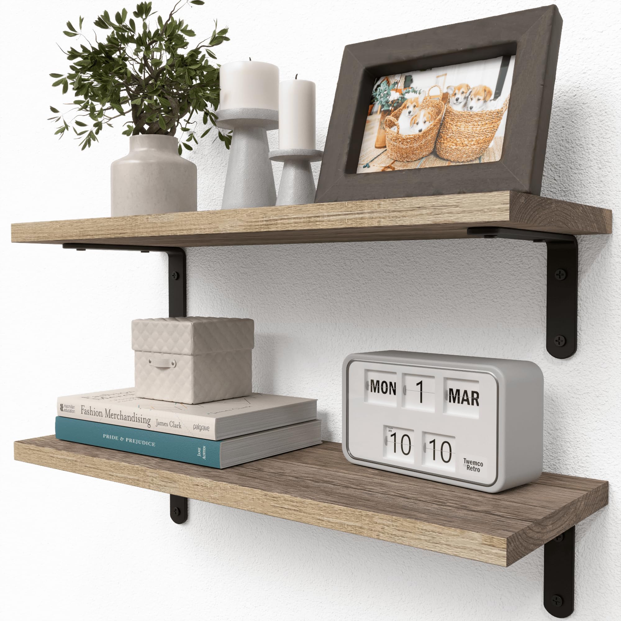 RICHER HOUSE Set of 2 Rustic Wood Floating Shelves - Farmhouse Style Wall Decor, Carbonized Black - Perfect for Bathroom, Bedroom, Kitchen, Living Room Storage & Organization | Wall Mounted Shelves for Home Décor & Display