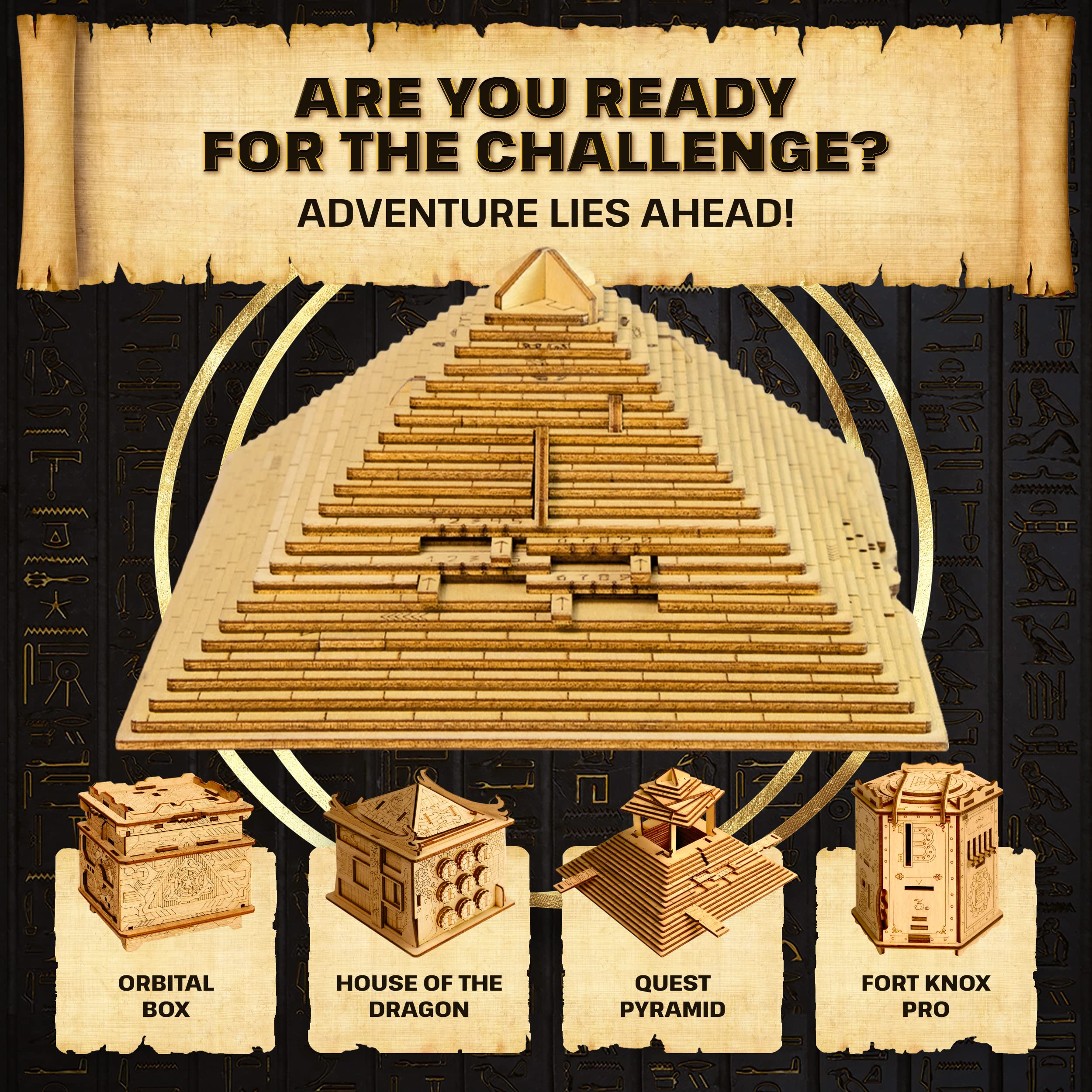 ESC WELT Quest Pyramid Puzzle Box - Wooden Escape Room Brain Teaser for Adults & Teens - Hidden Compartment 3D Puzzle Game - Challenging Family Board Game for Parties, Team Building & Cognitive Training