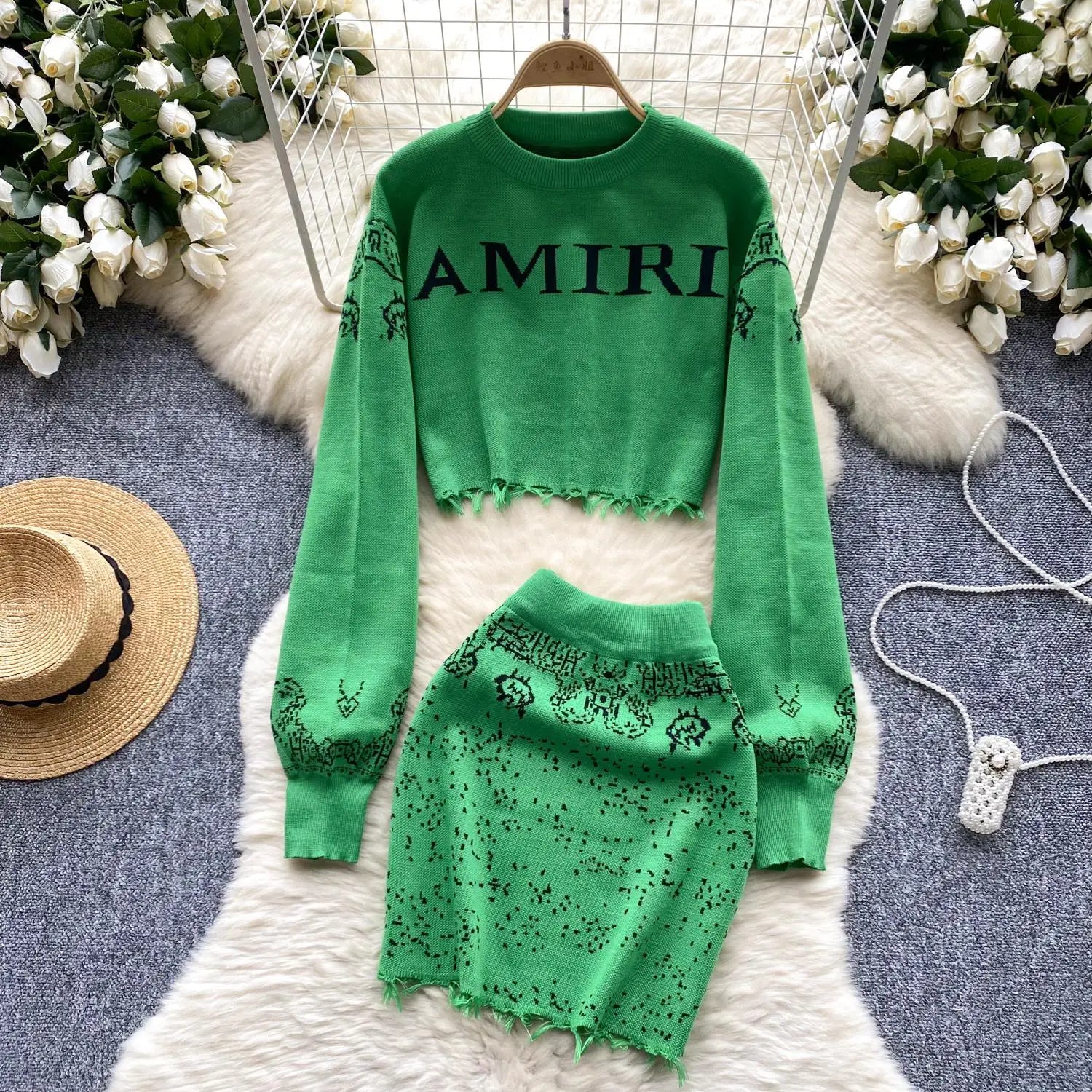 Women's Green & Red Patchwork Knit Sweater & High Waist Skirt Set - Long Sleeve Pullover & Short Skirt Outfit for Fall Winter Fashion | Perfect for Holiday Parties, Date Nights & Casual Wear