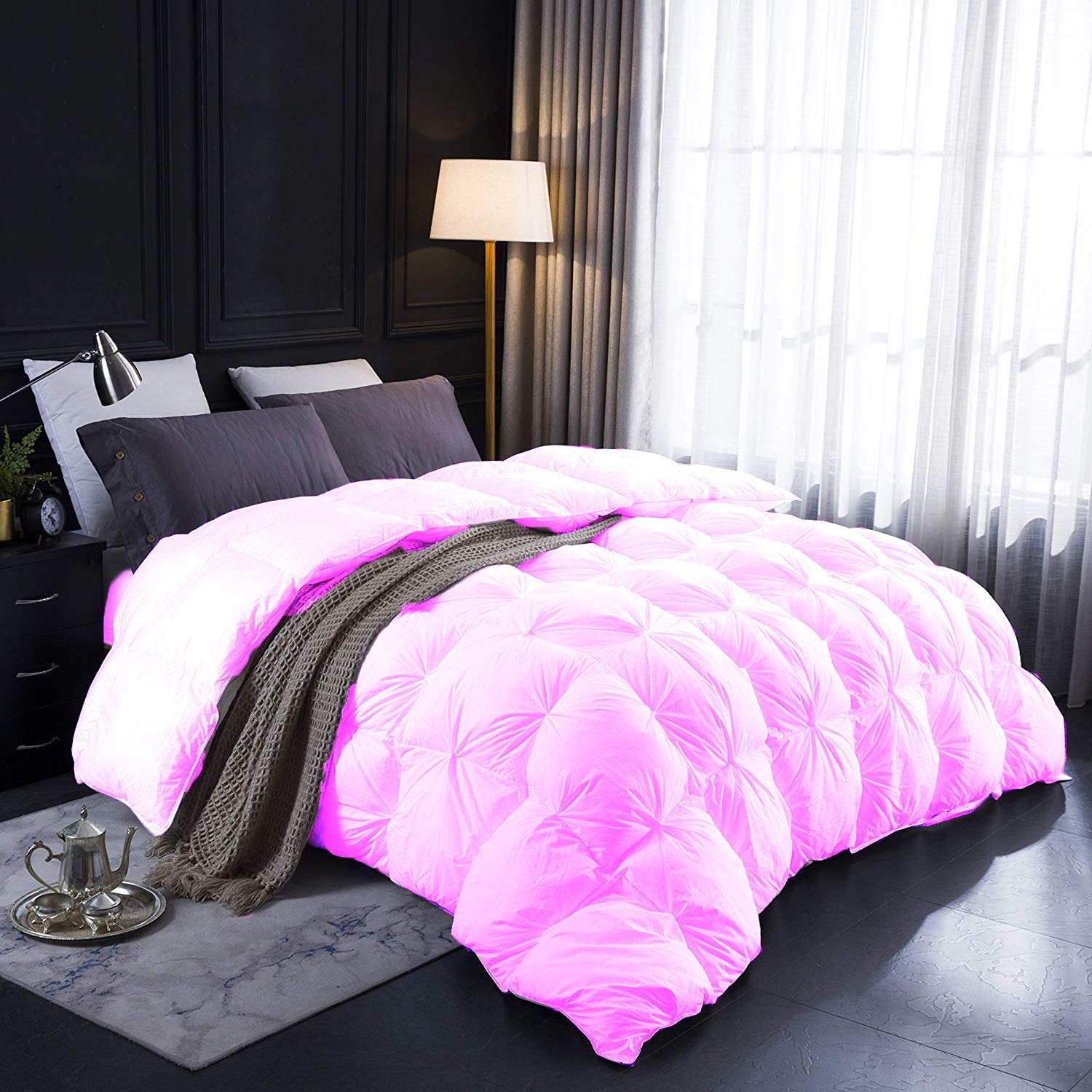 Luxury Pinch Pleated Comforter Set - 500 GSM Cotton Queen Size Bedding with 2 Pillowcases | Pin Tuck Design Alternative | Soft Pink Oversized Comforter (3-Piece Set) for Cozy Bedroom Decor & Guest Room Styling