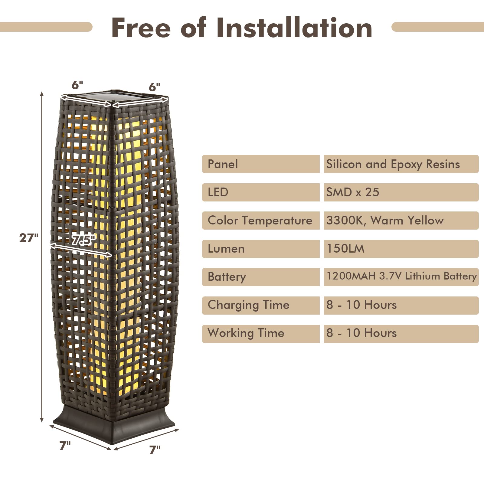 Tangkula 2-Piece Solar Powered Outdoor Floor Lamps - IP65 Waterproof Wicker LED Lanterns with Auto On/Off for Garden, Patio, Porch, Deck & Pathway Lighting (Cross-Mix Brown) | Weather-Resistant Decorative Lighting for Backyard, Poolside & Landscape